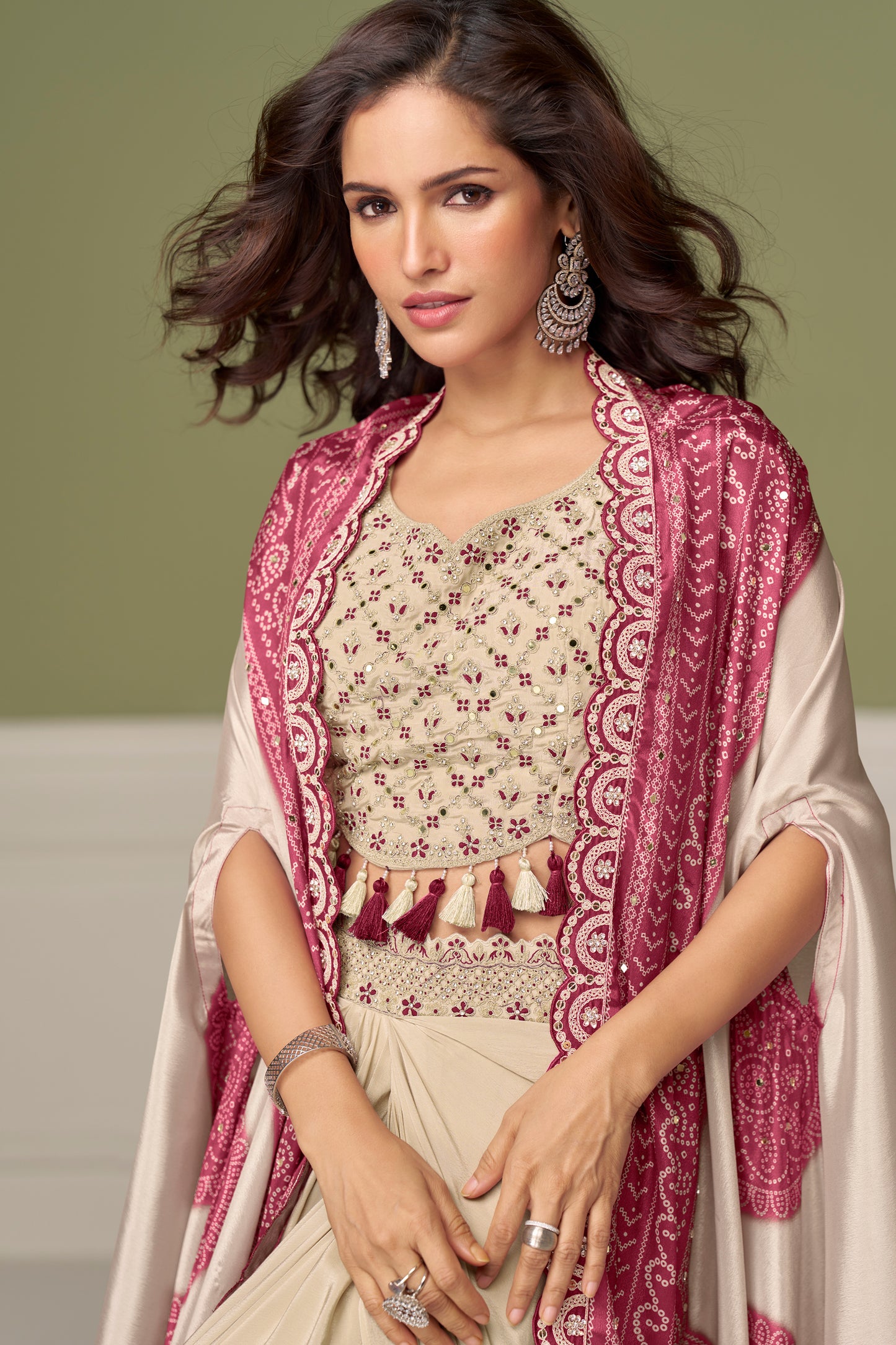 Beige And Pink Readymade Chinon Skirt Set-SAR13132_2_SareeButa.com
