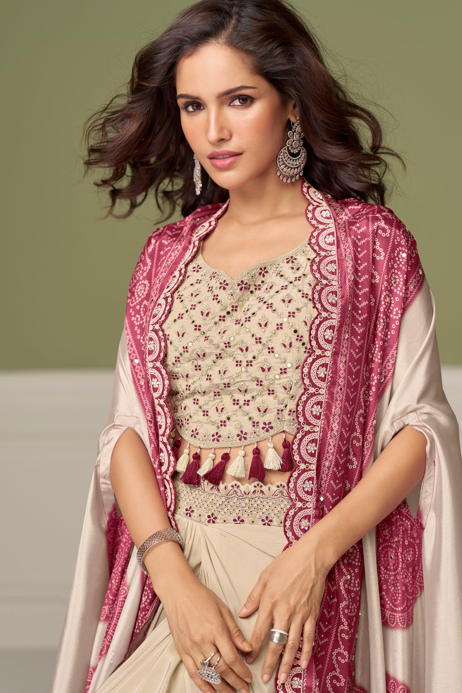 Beige And Pink Readymade Chinon Skirt Set-SAR13132_2_SareeButa.com