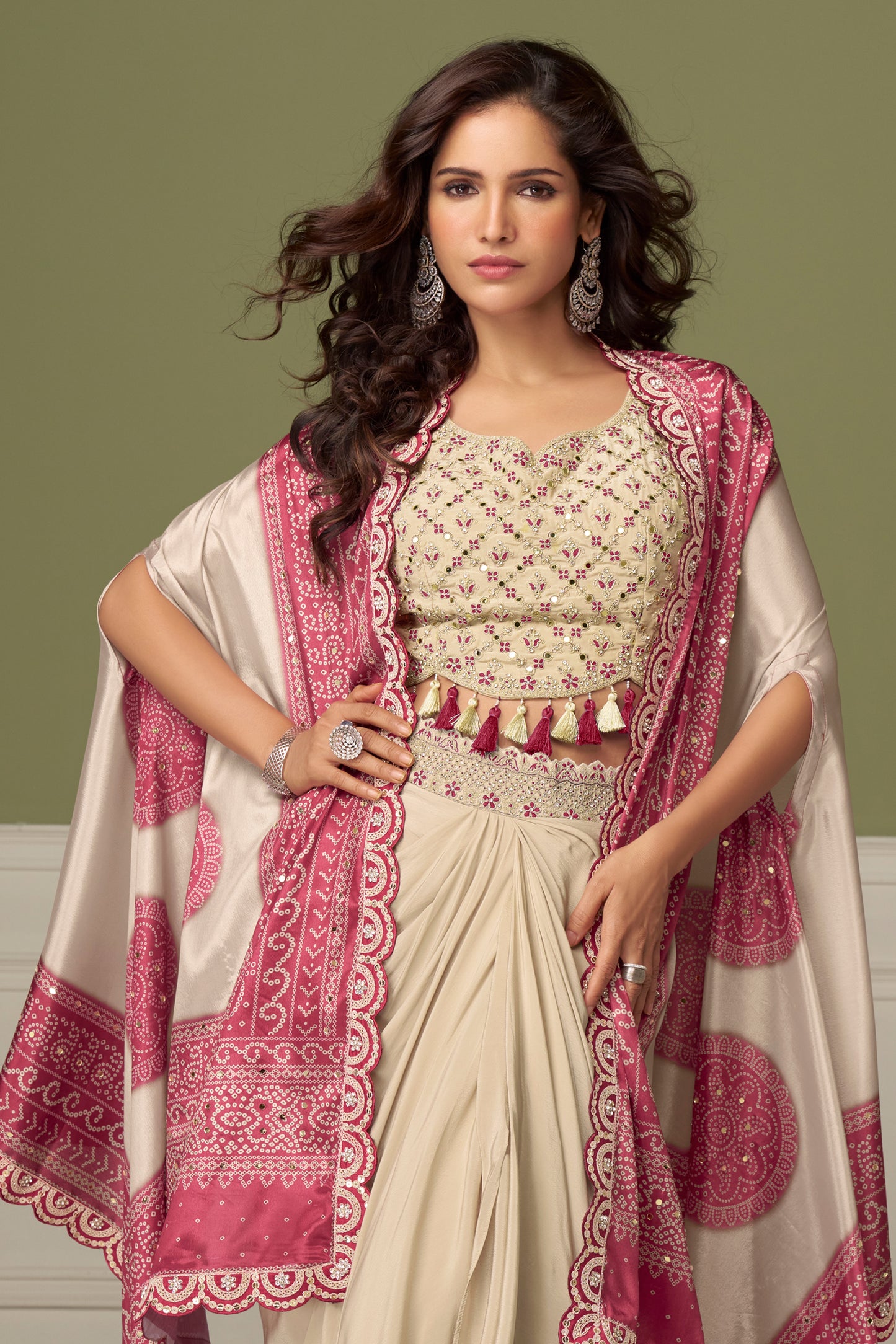 Beige And Pink Readymade Chinon Skirt Set-SAR13132_3_SareeButa.com