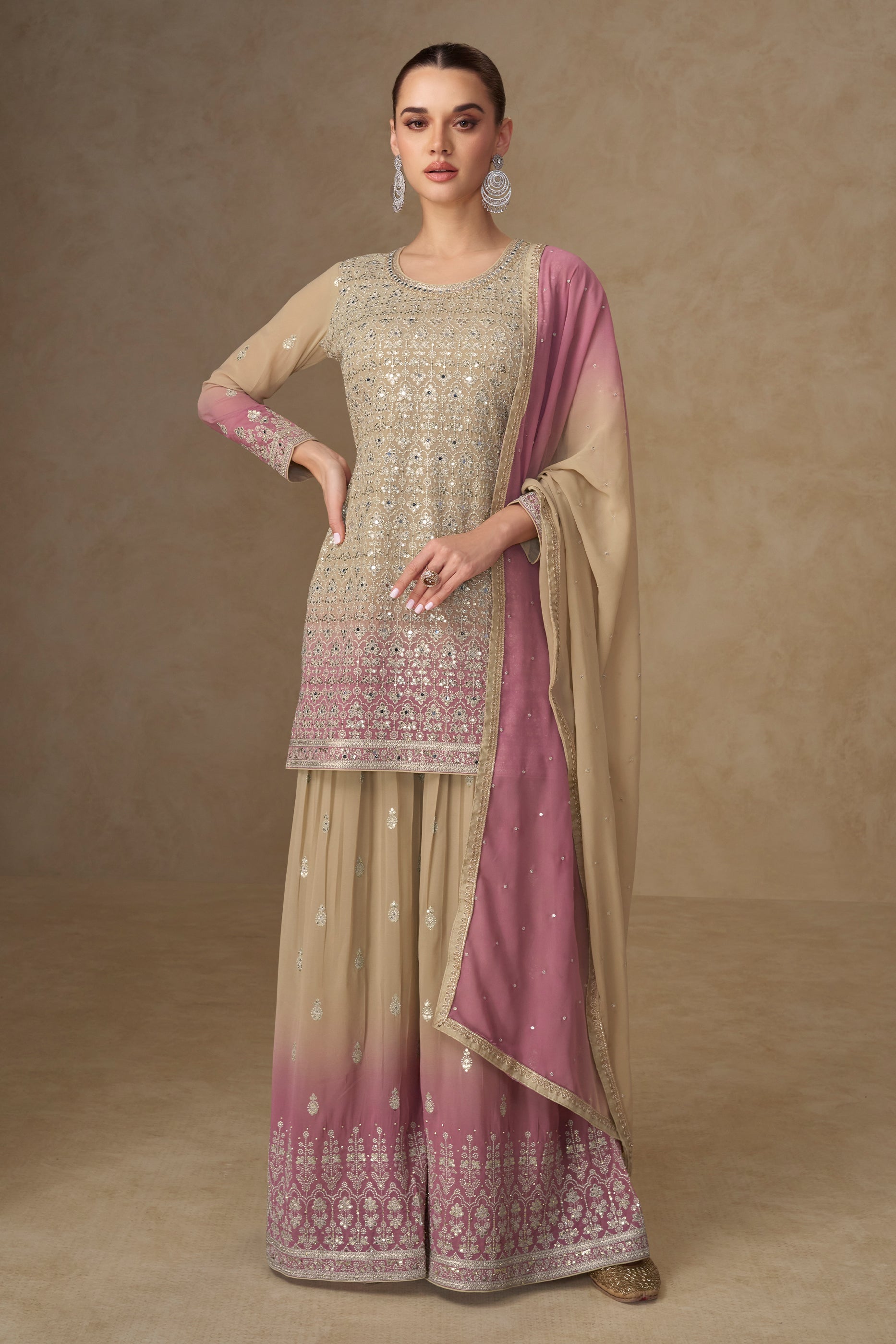 Beige And Pink Readymade Embroidered Georgette Suit-SAR11535_1_SareeButa.com