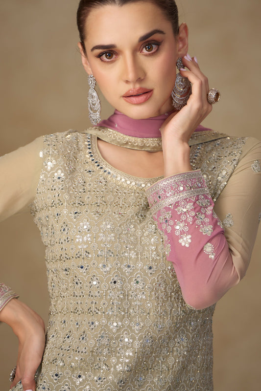 Beige And Pink Readymade Embroidered Georgette Suit-SAR11535_2_SareeButa.com