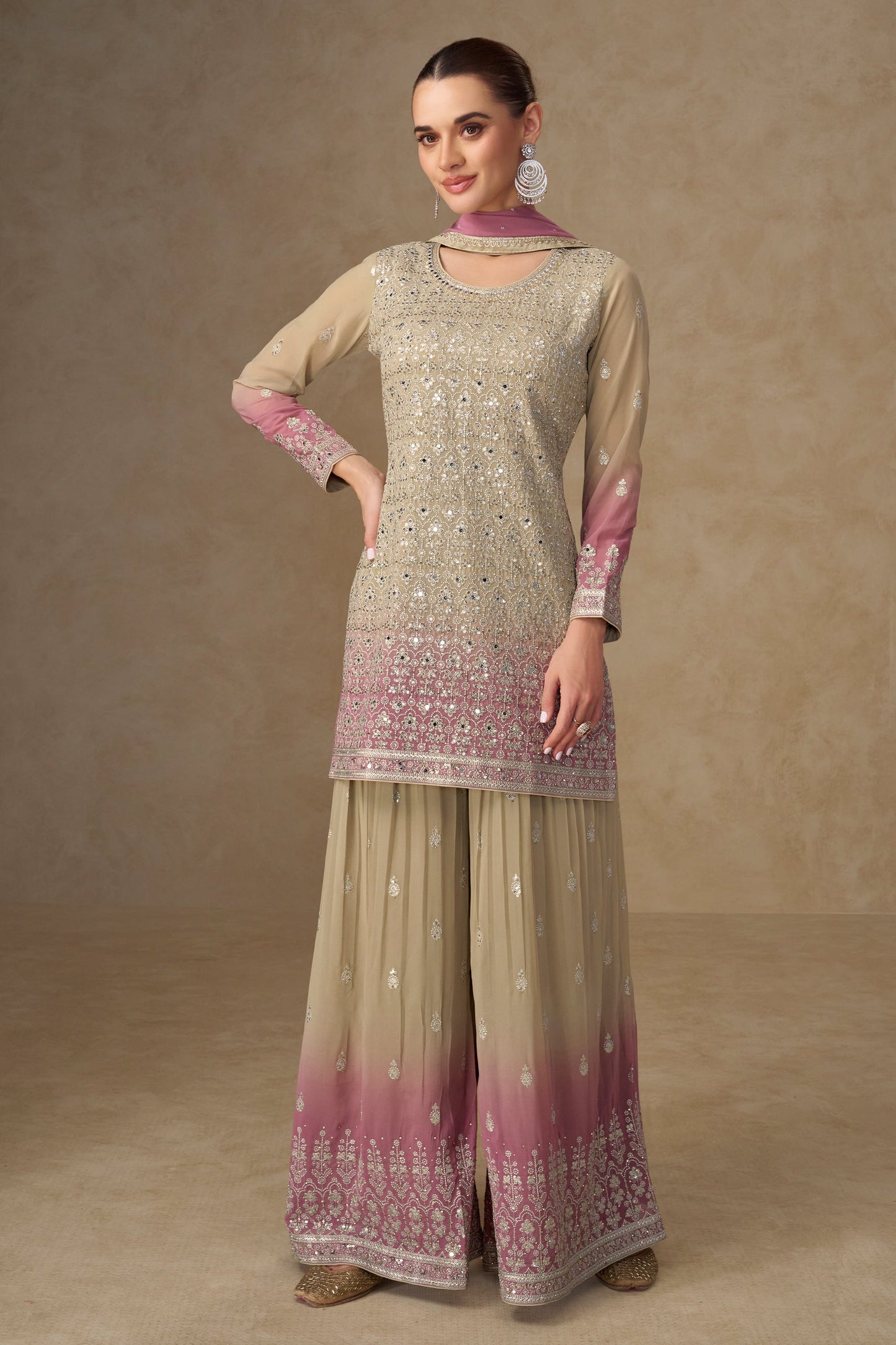 Beige And Pink Readymade Embroidered Georgette Suit-SAR11535_4_SareeButa.com