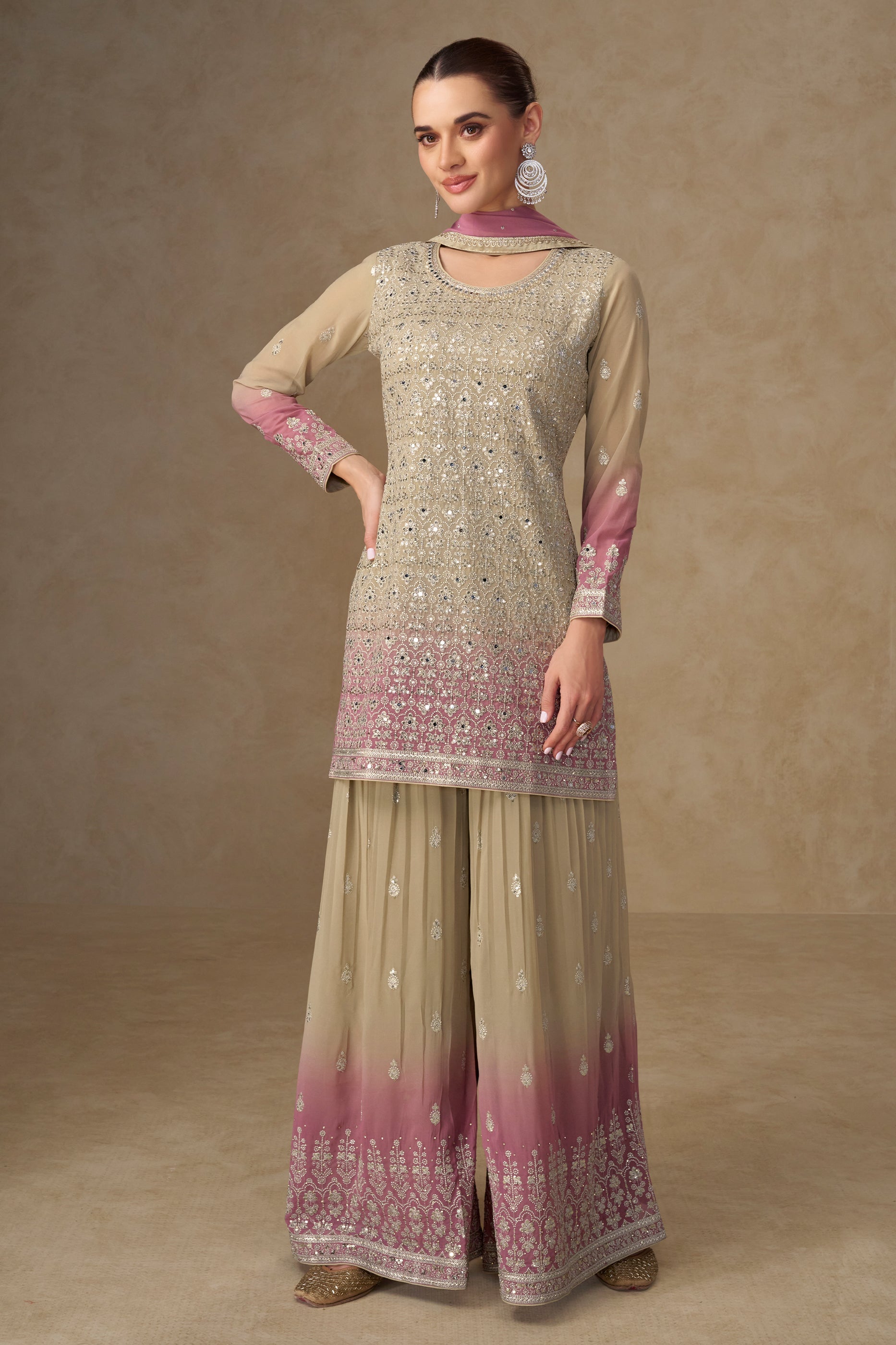 Beige And Pink Readymade Embroidered Georgette Suit-SAR11535_4_SareeButa.com