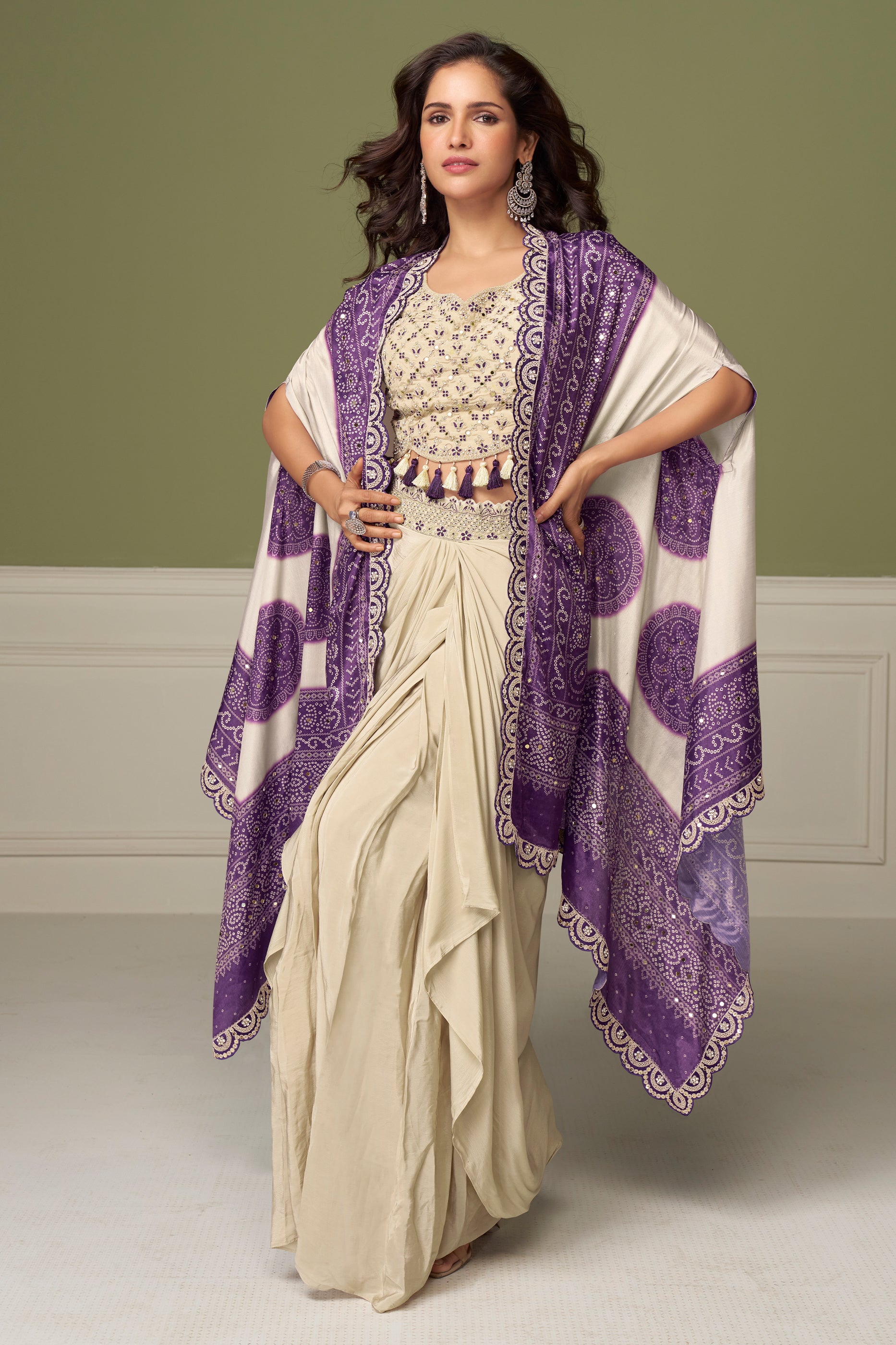 Beige And Purple Readymade Chinon Skirt Set-SAR13134_1_SareeButa.com