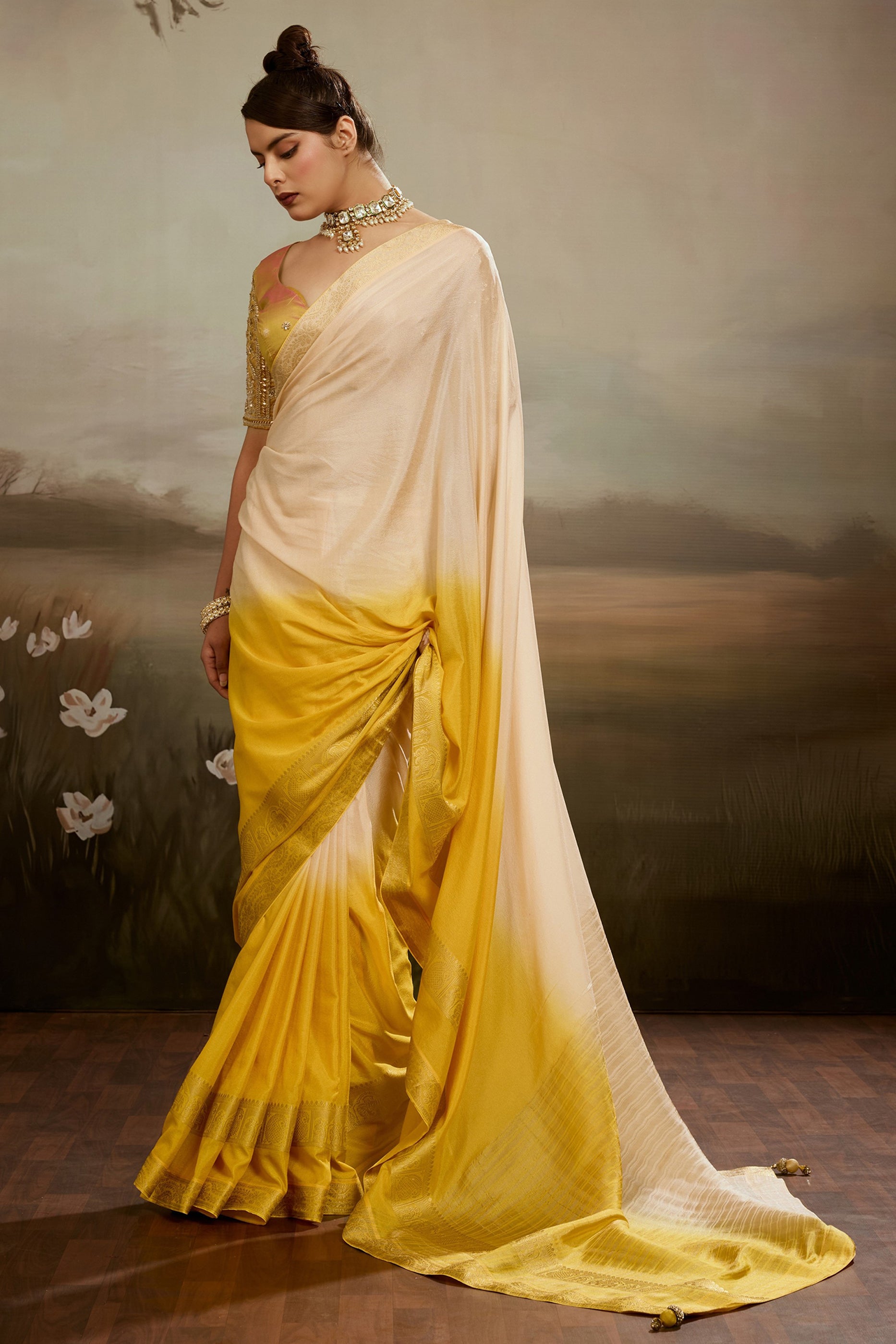 Beige And Yellow Ombre Chiffon Saree-SAR12571_1_SareeButa.com