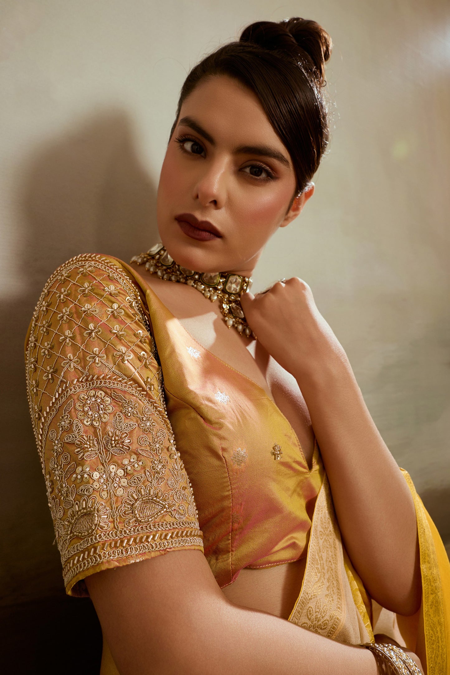 Beige And Yellow Ombre Chiffon Saree-SAR12571_2_SareeButa.com
