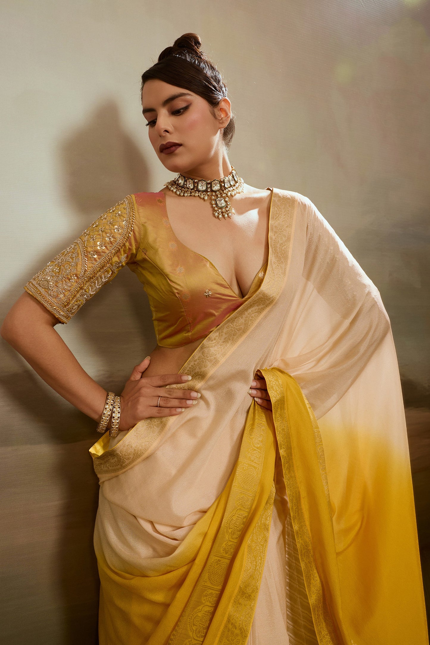 Beige And Yellow Ombre Chiffon Saree-SAR12571_3_SareeButa.com
