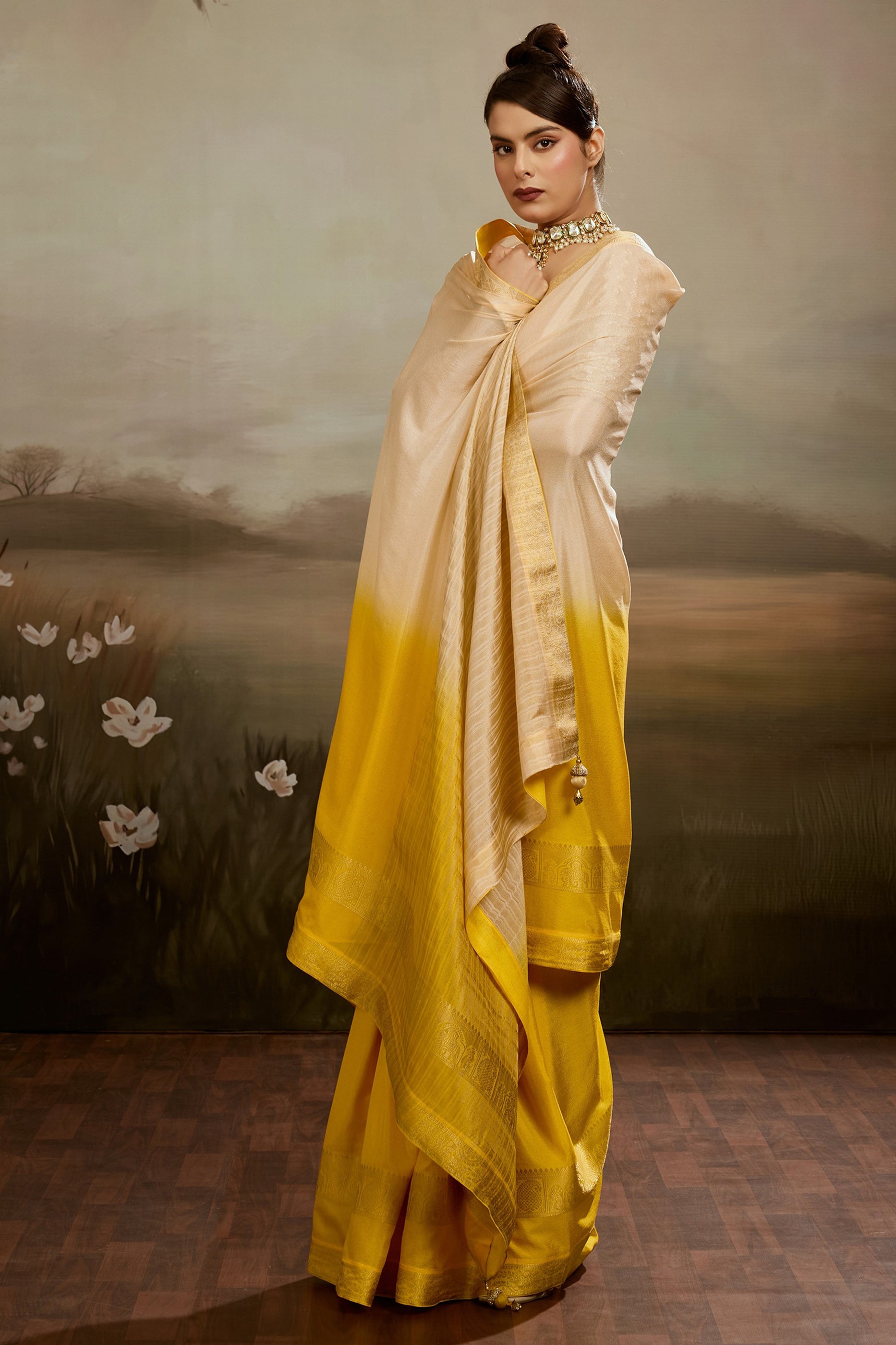 Beige And Yellow Ombre Chiffon Saree-SAR12571_4_SareeButa.com