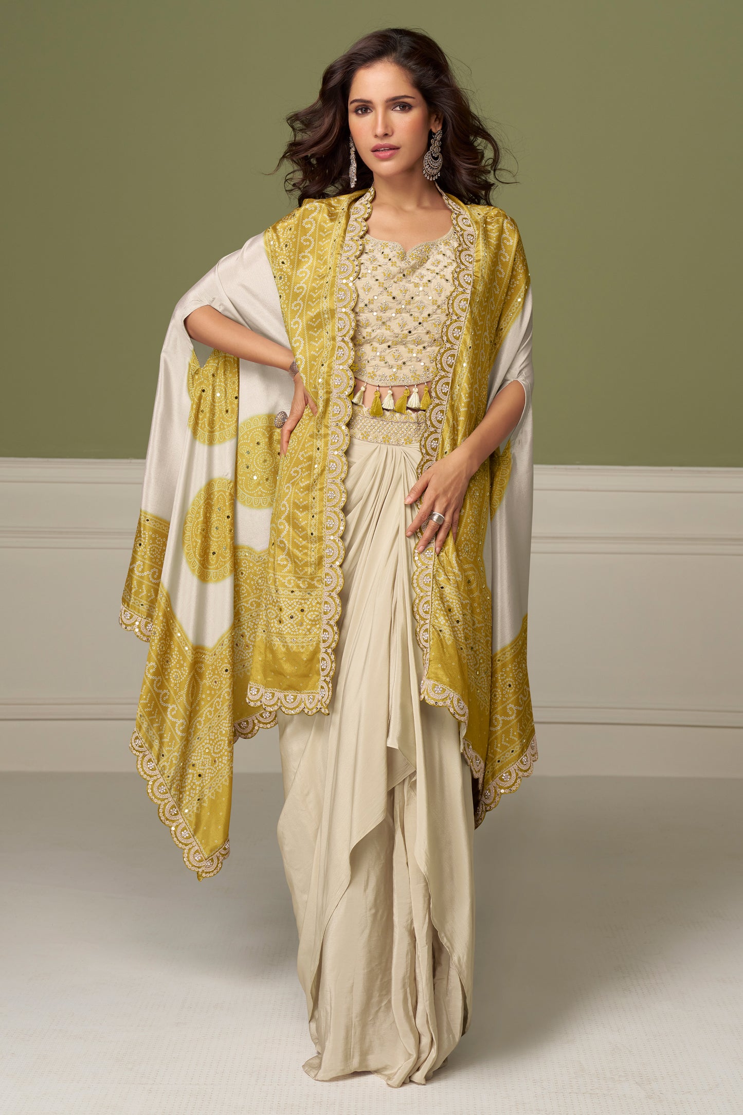 Beige And Yellow Readymade Chinon Skirt Set-SAR13133_1_SareeButa.com