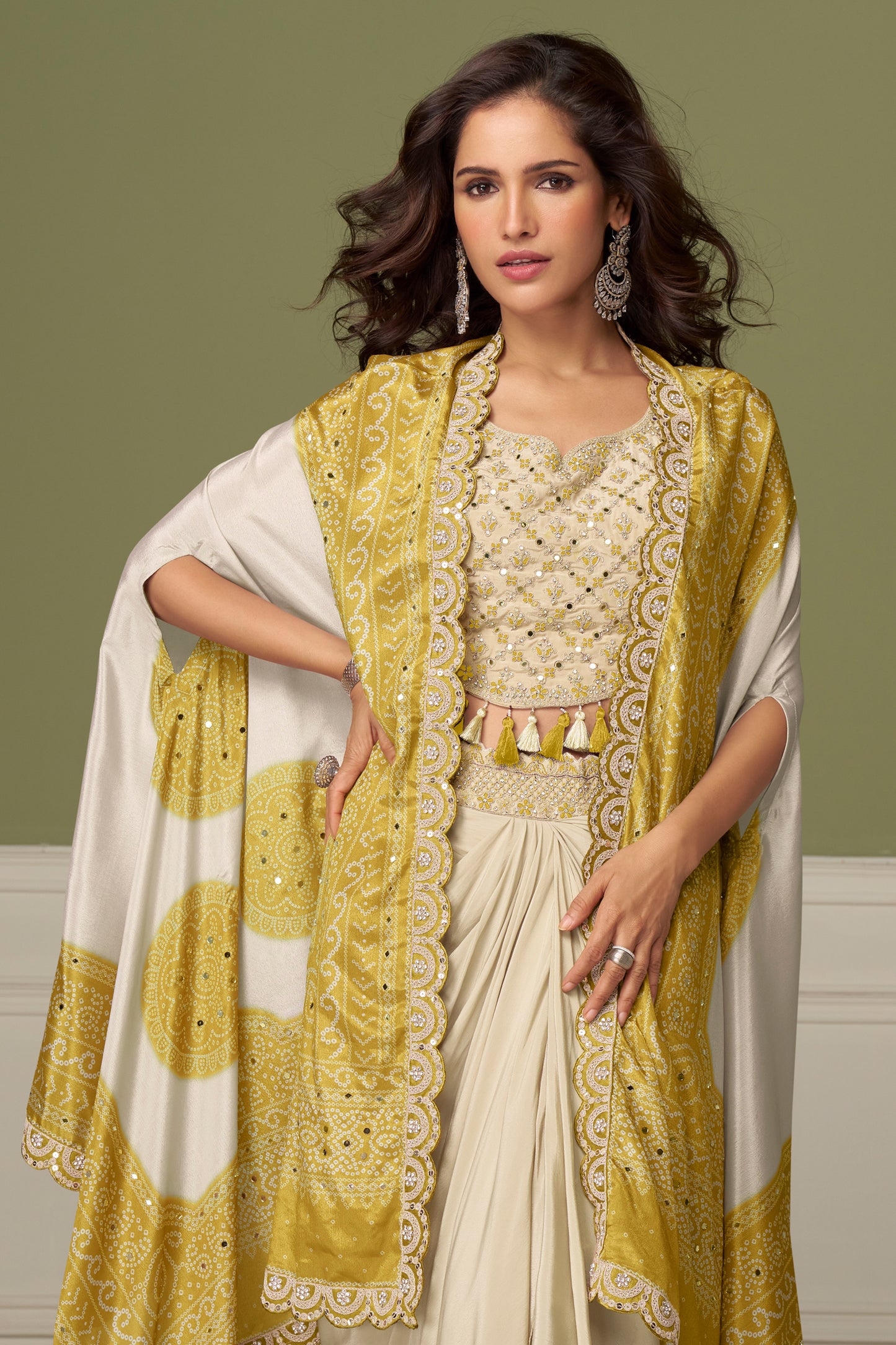 Beige And Yellow Readymade Chinon Skirt Set-SAR13133_3_SareeButa.com