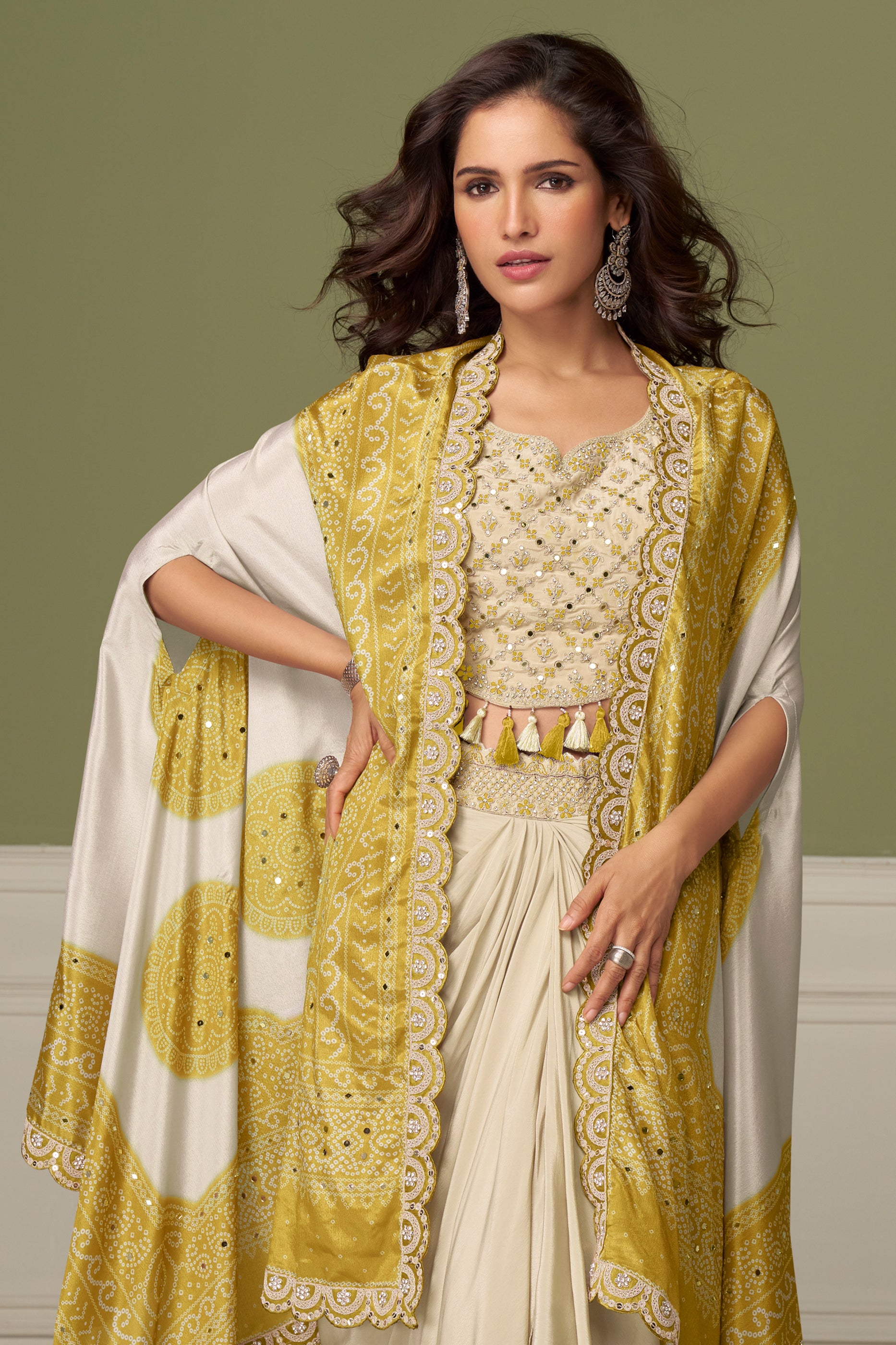 Beige And Yellow Readymade Chinon Skirt Set-SAR13133_3_SareeButa.com