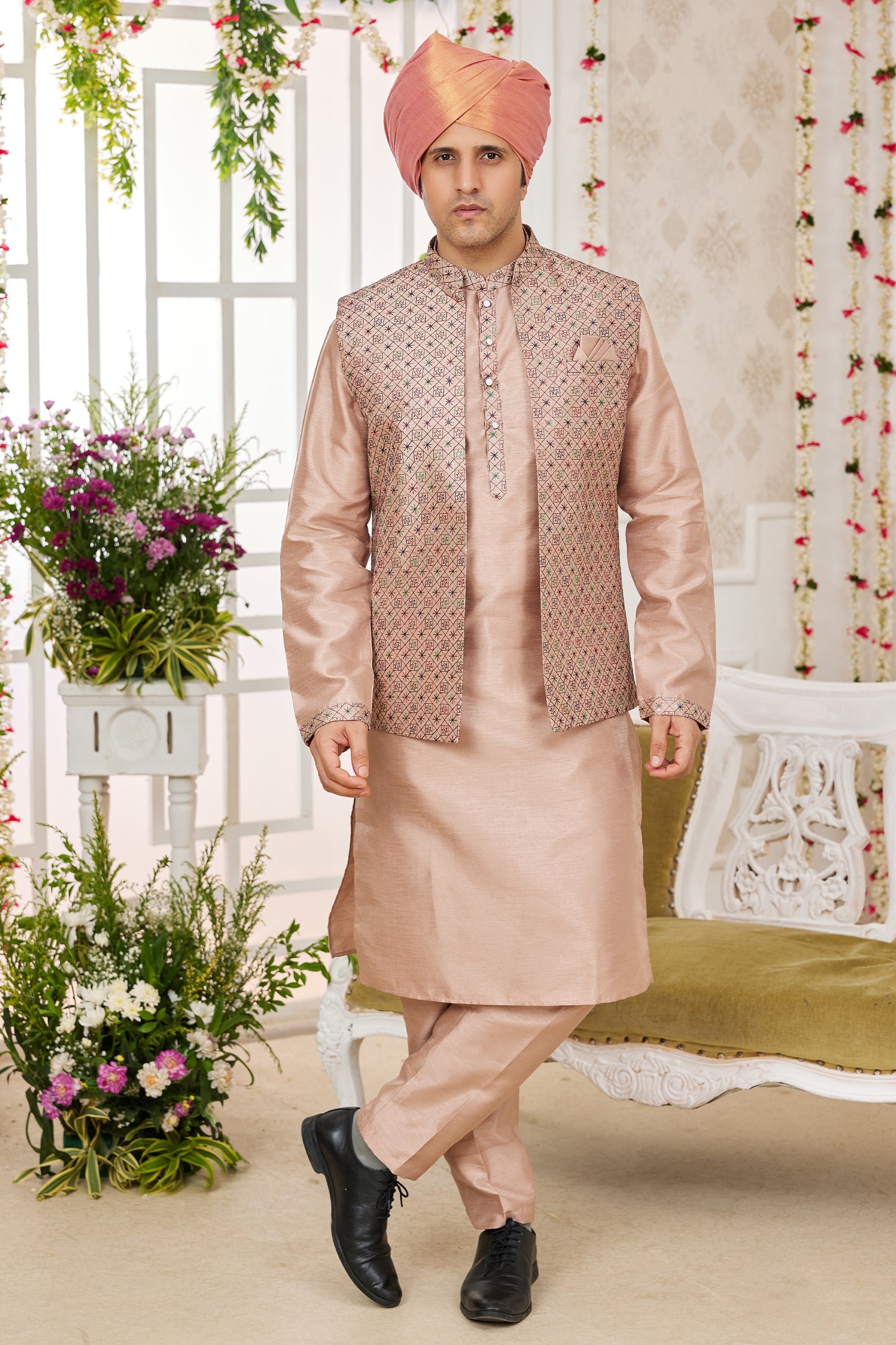 Beige Banarasi Silk Kurta Pajama With Jacket-SAR11408_1_SareeButa.com