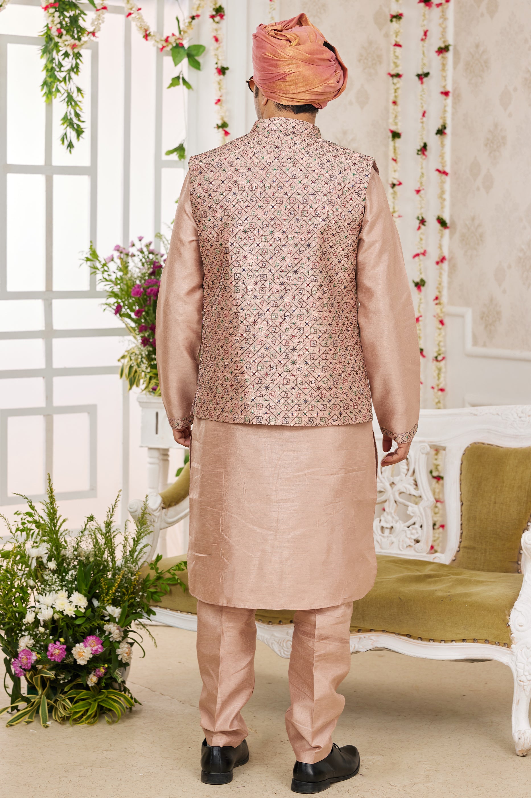 Beige Banarasi Silk Kurta Pajama With Jacket-SAR11408_2_SareeButa.com