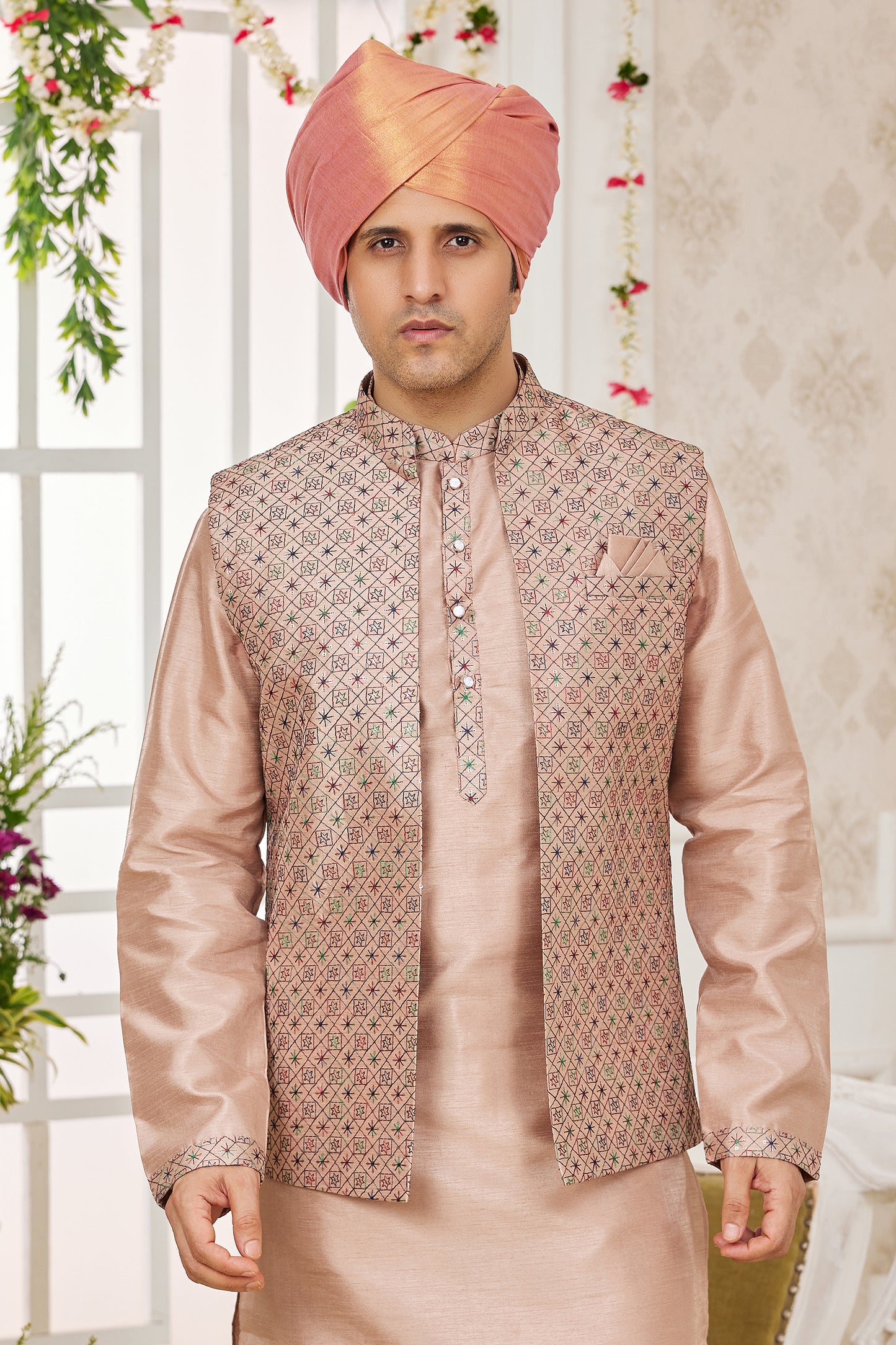 Beige Banarasi Silk Kurta Pajama With Jacket-SAR11408_3_SareeButa.com