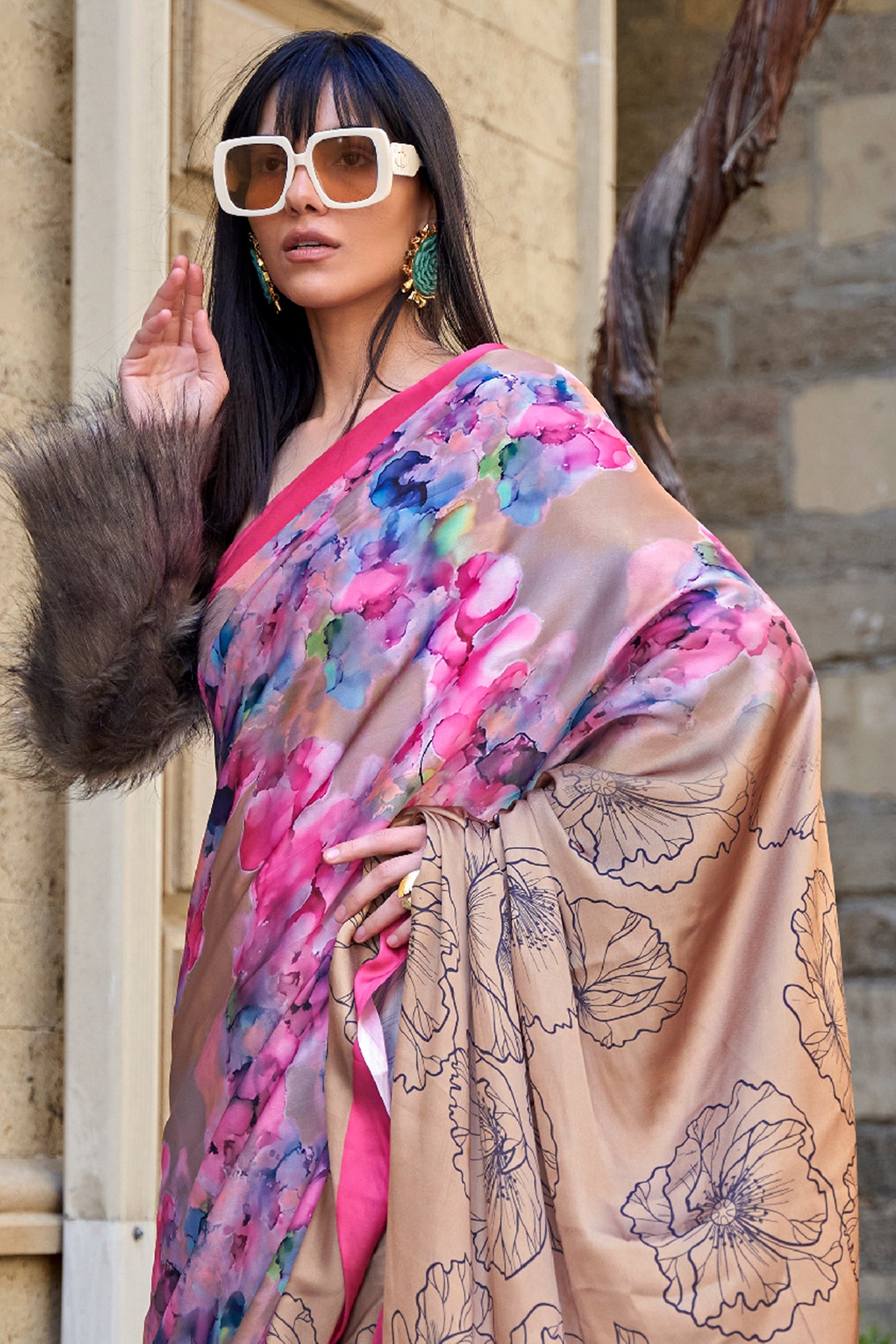 Beige Digital Print Satin Saree-SAR12394_3_SareeButa.com