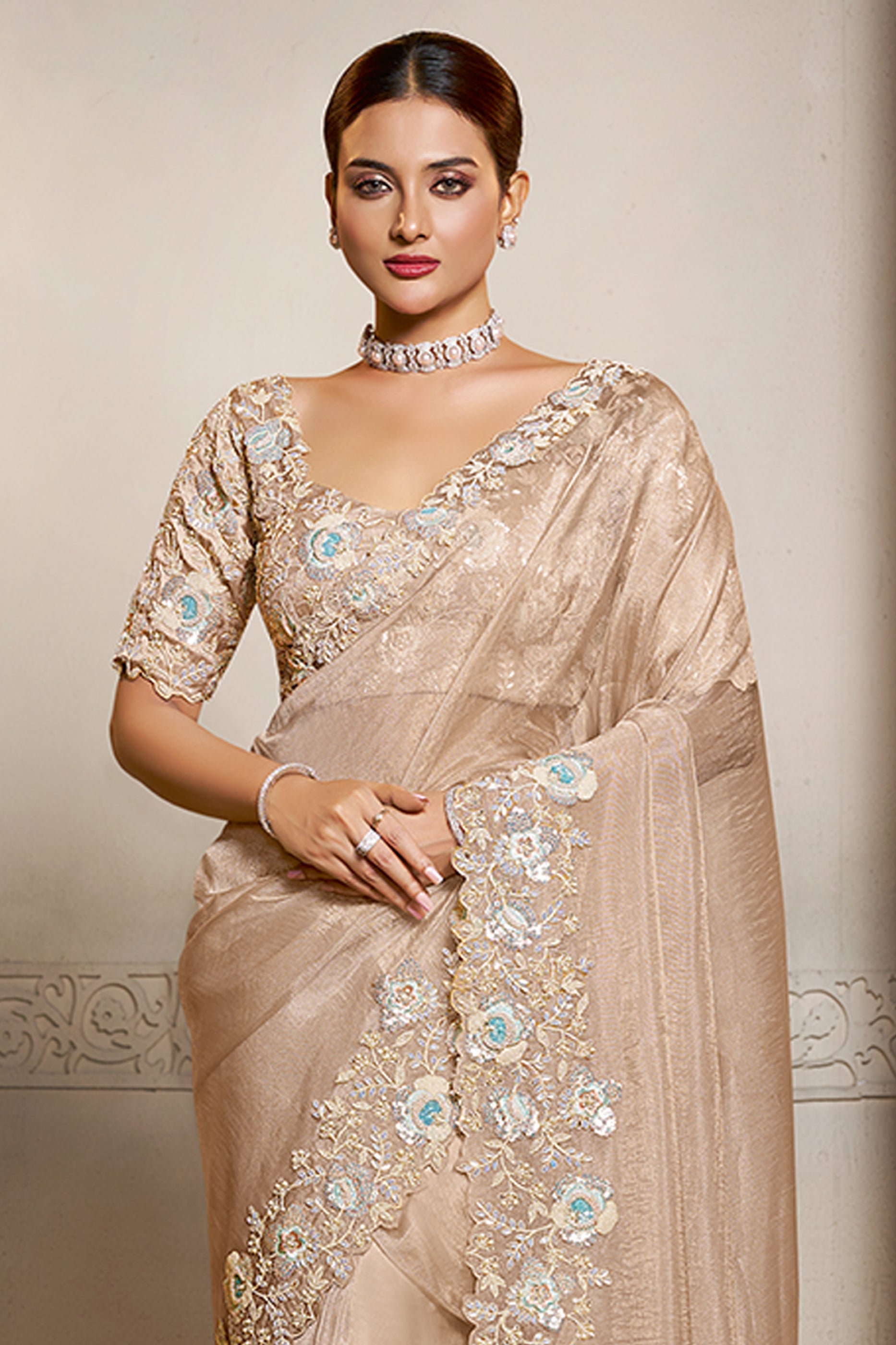 Beige Embroidered Crush Organza Satin Saree-SAR10874_3_SareeButa.com