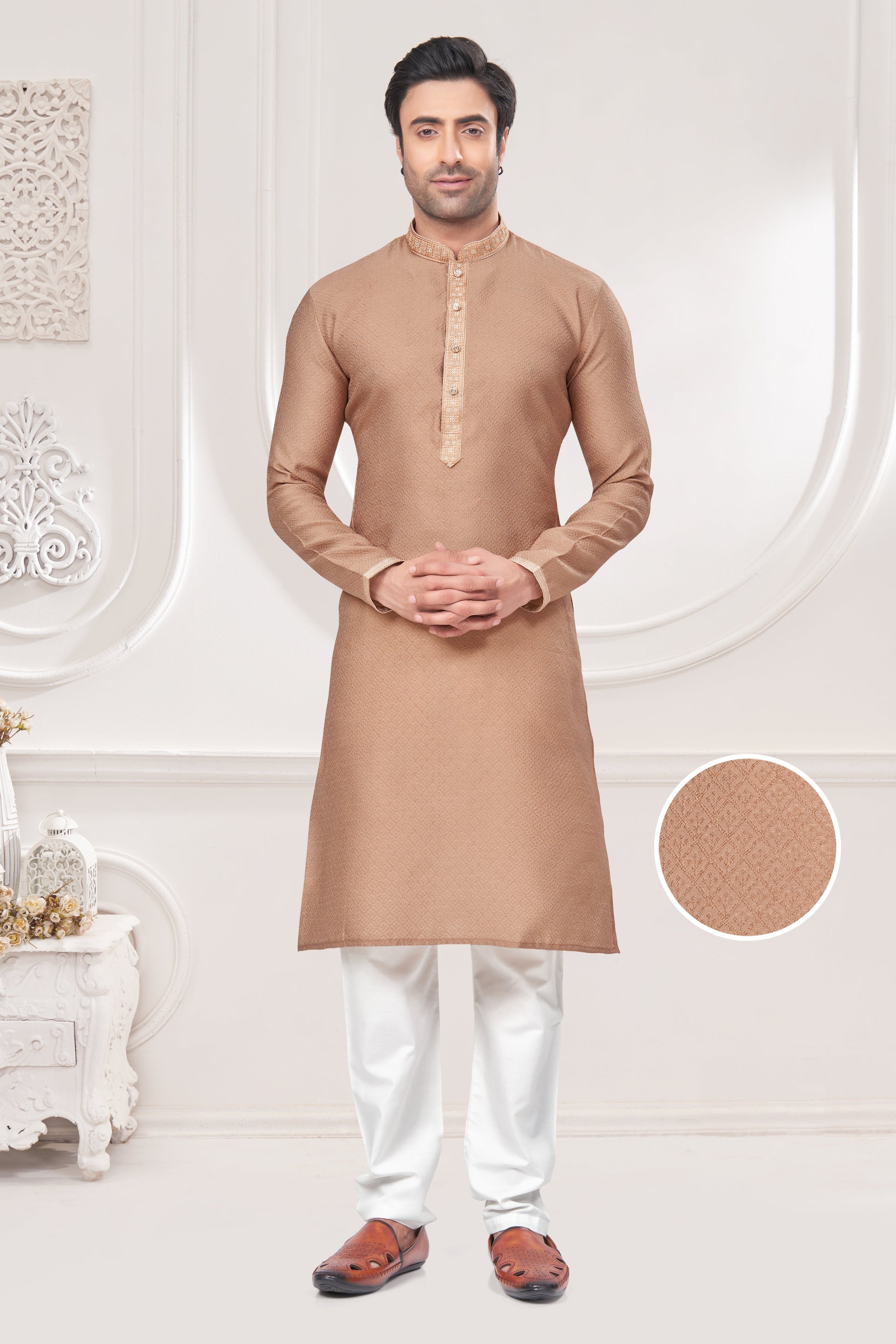 Beige Embroidered Jacquard Kurta Pajama-MW7_1_SareeButa.com