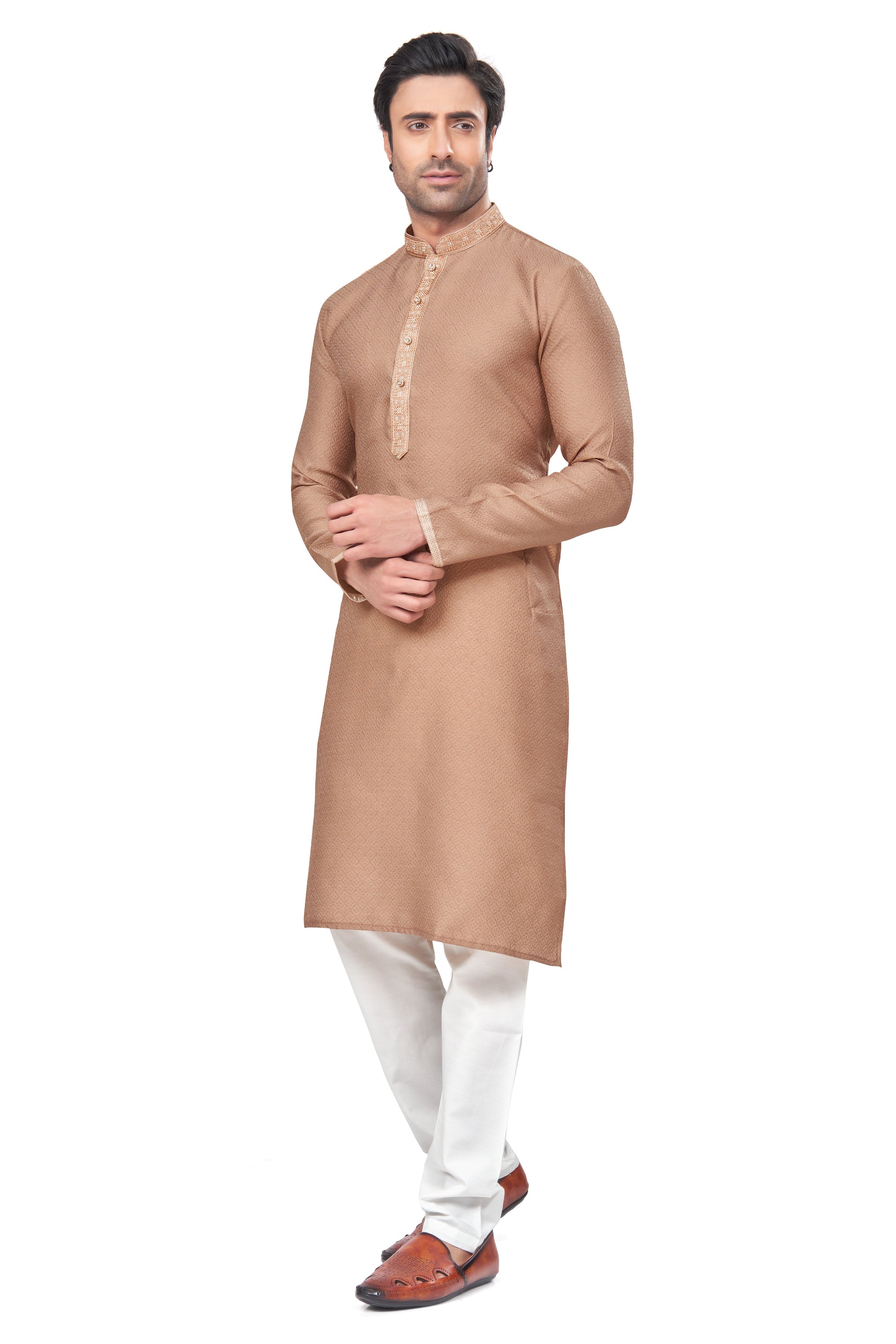 Beige Embroidered Jacquard Kurta Pajama-MW7_2_SareeButa.com