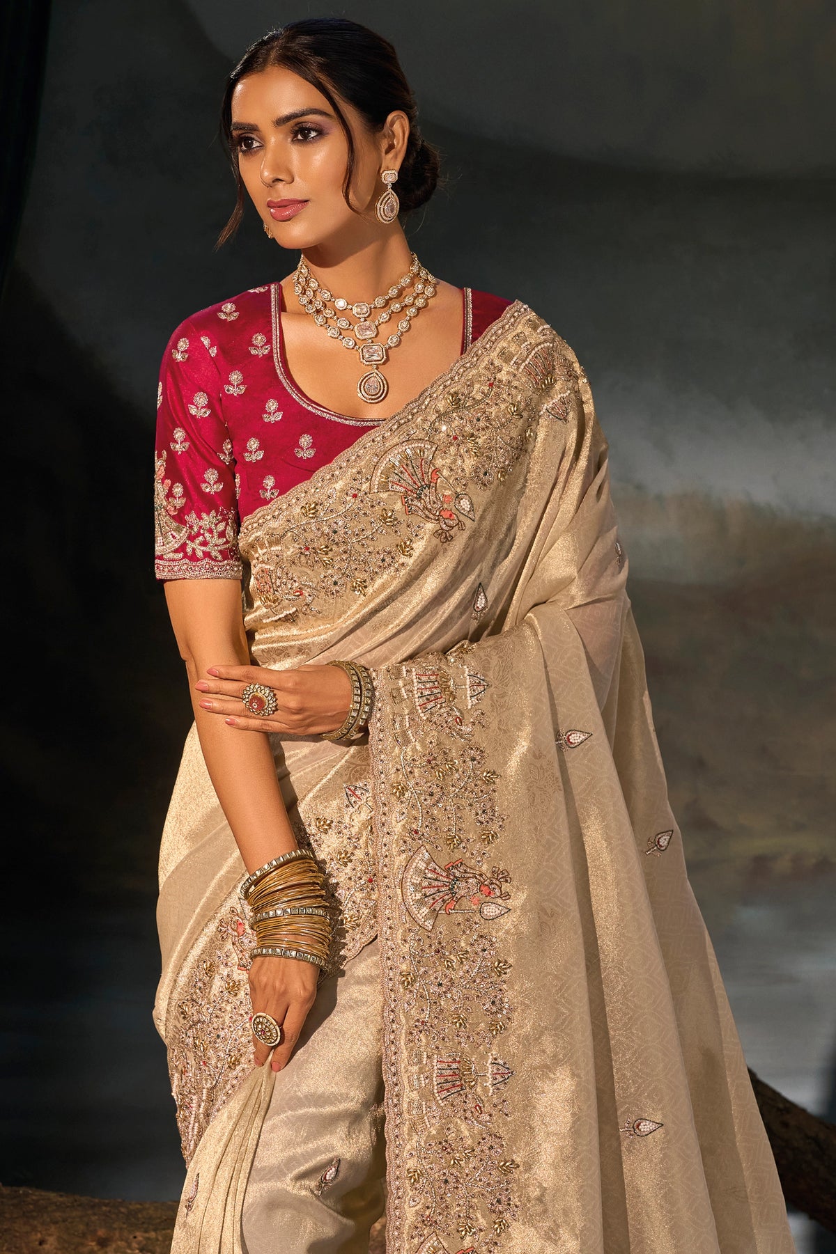 Beige Embroidered Kanjivaram Silk Saree-SAR13263_4_SareeButa.com