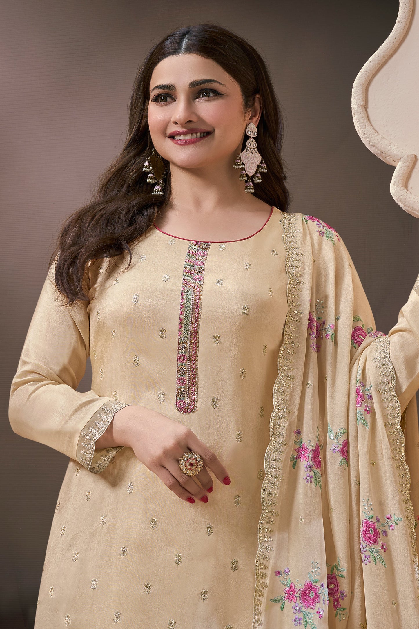 Beige Embroidered Munga Silk Suit-SAR11740_2_SareeButa.com