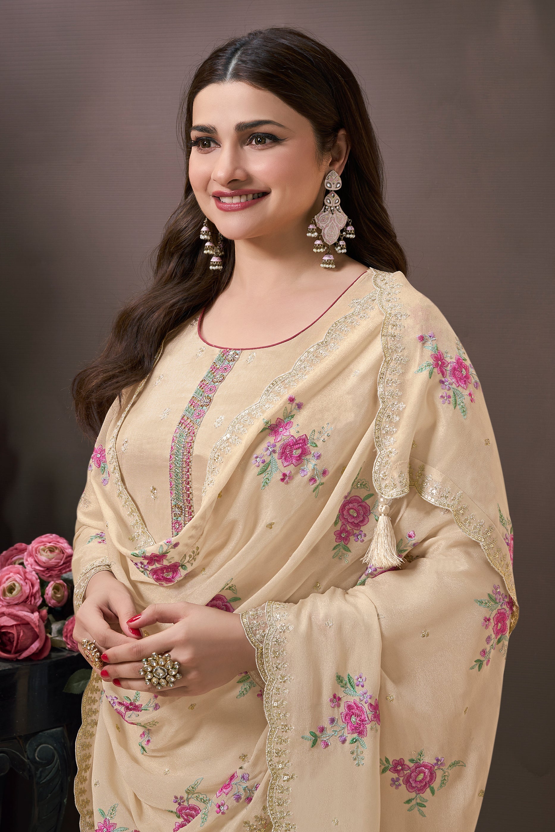Beige Embroidered Munga Silk Suit-SAR11740_3_SareeButa.com