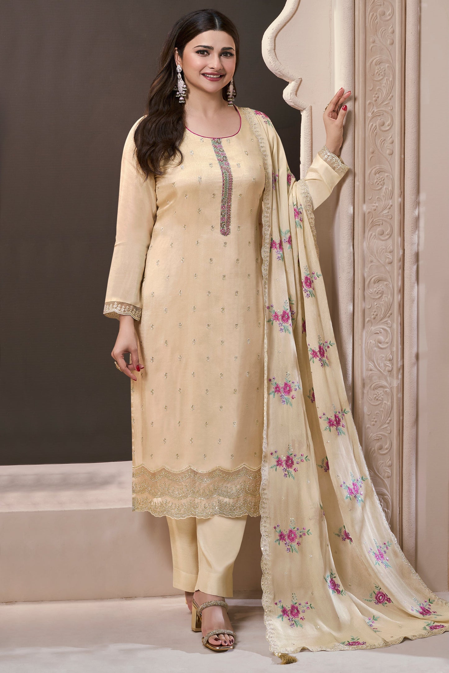 Beige Embroidered Munga Silk Suit-SAR11740_4_SareeButa.com