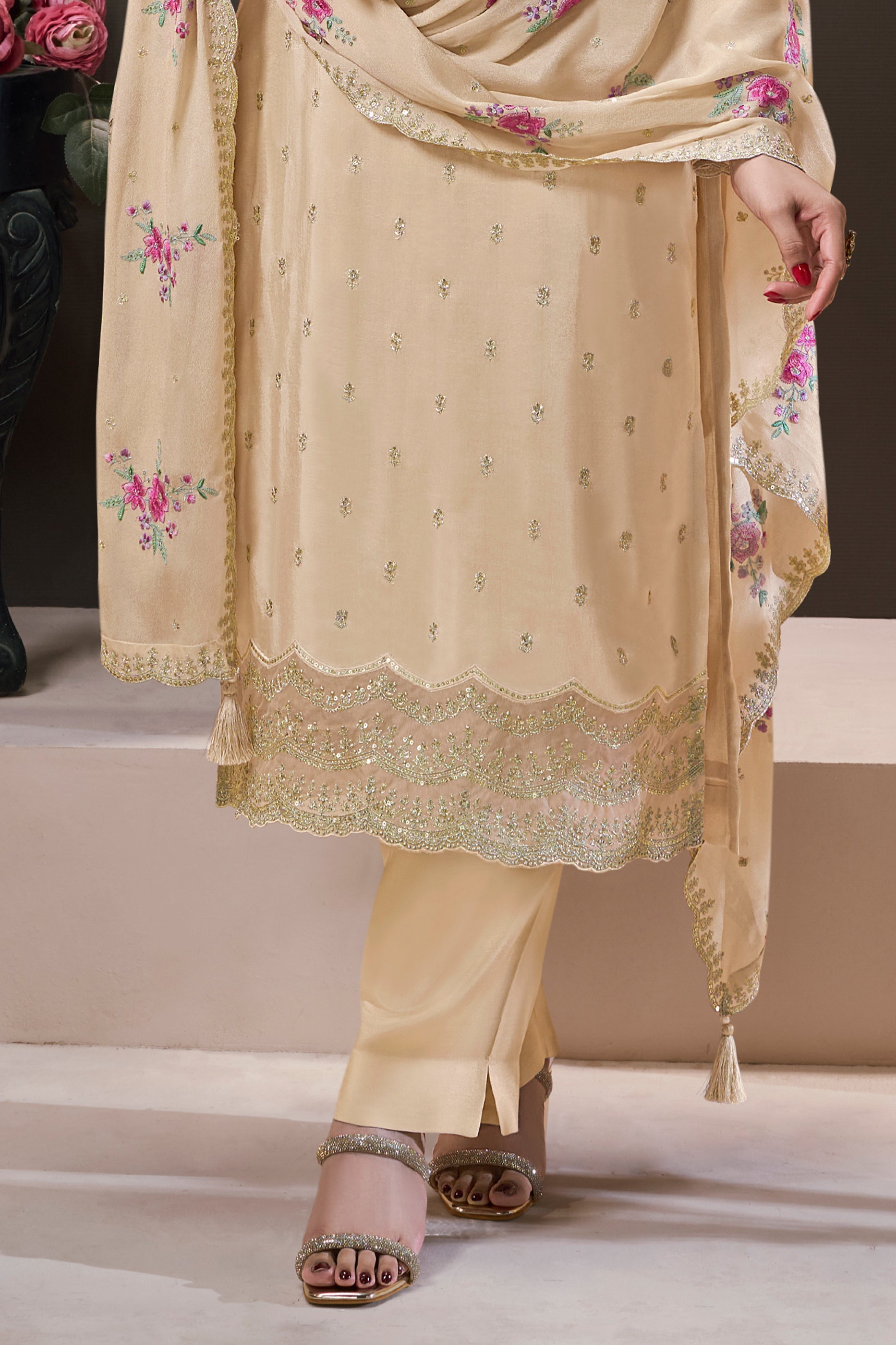 Beige Embroidered Munga Silk Suit-SAR11740_5_SareeButa.com