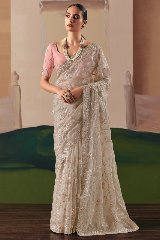 Beige Embroidered Organza Saree-SAR10553_1_SareeButa.com