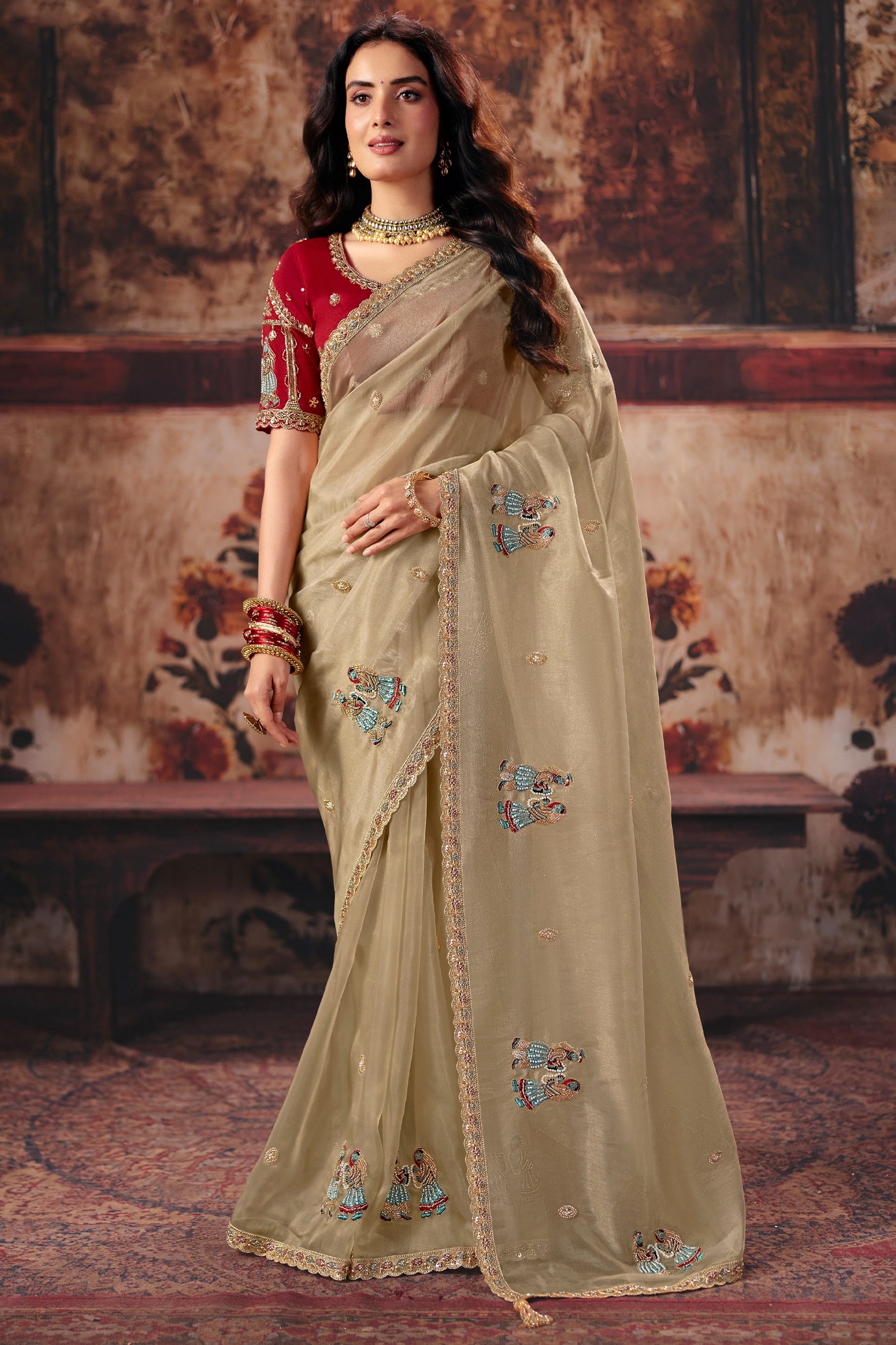 Beige Embroidered Organza Saree-SAR13202_1_SareeButa.com