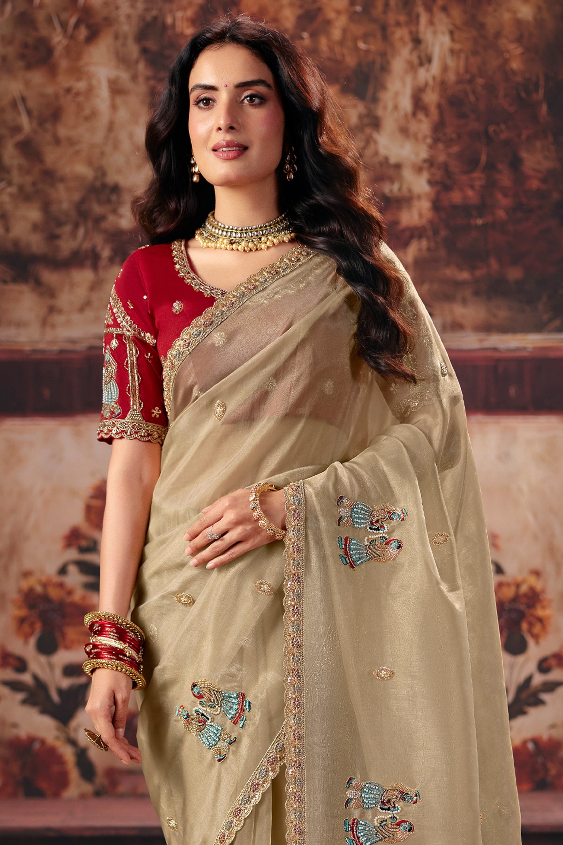 Beige Embroidered Organza Saree-SAR13202_4_SareeButa.com