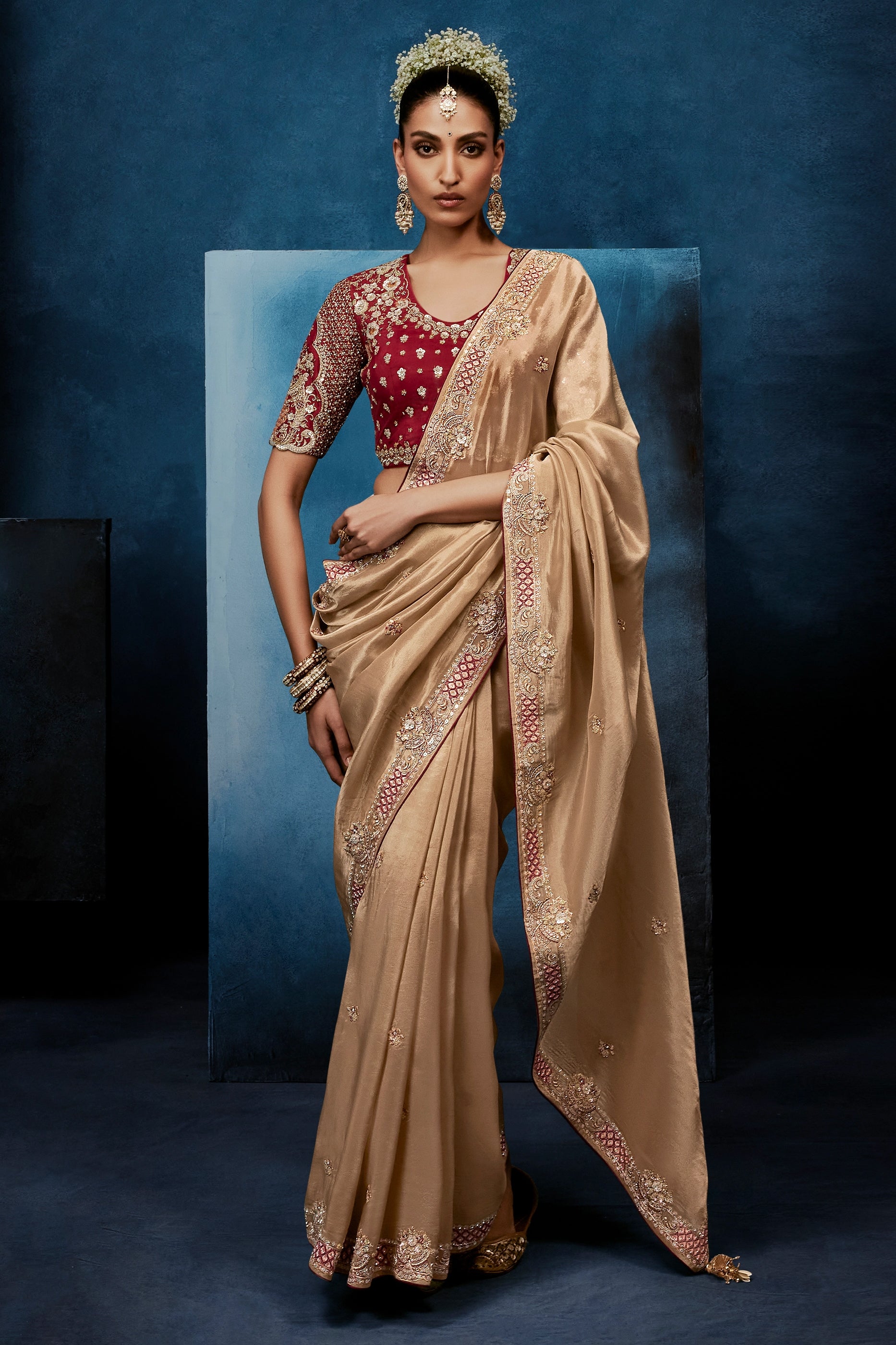 Beige Embroidered Organza Silk Saree-SAR12605_1_SareeButa.com