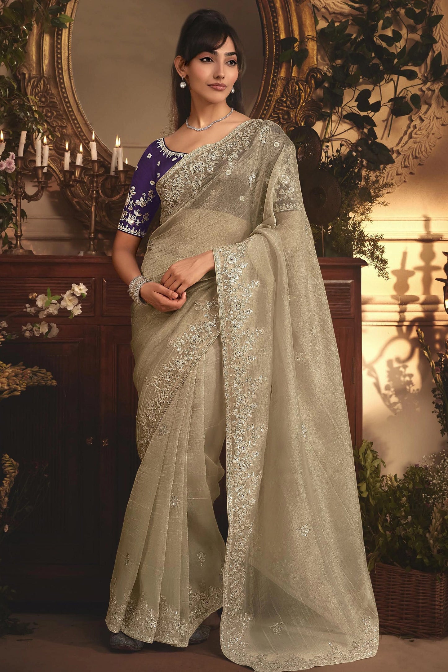 Beige Embroidered Tissue Organza Saree-SAR10240_1_SareeButa.com