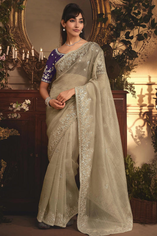 Beige Embroidered Tissue Organza Saree-SAR10240_1_SareeButa.com