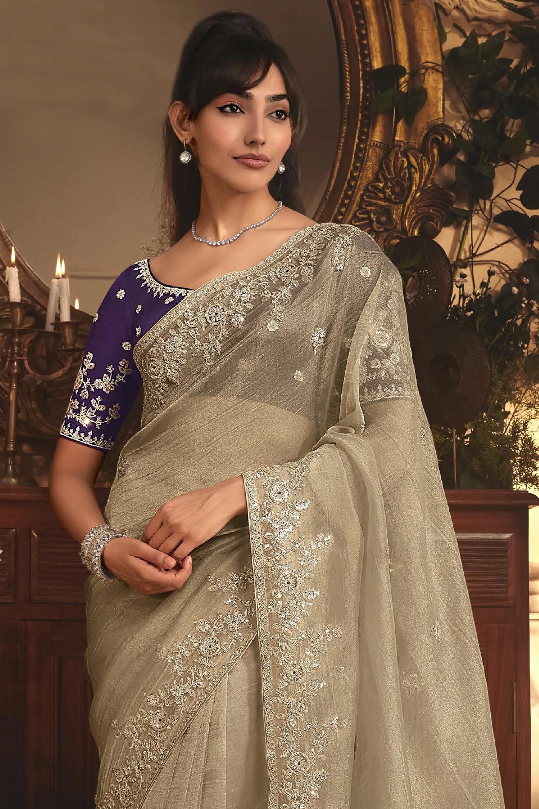 Beige Embroidered Tissue Organza Saree-SAR10240_3_SareeButa.com