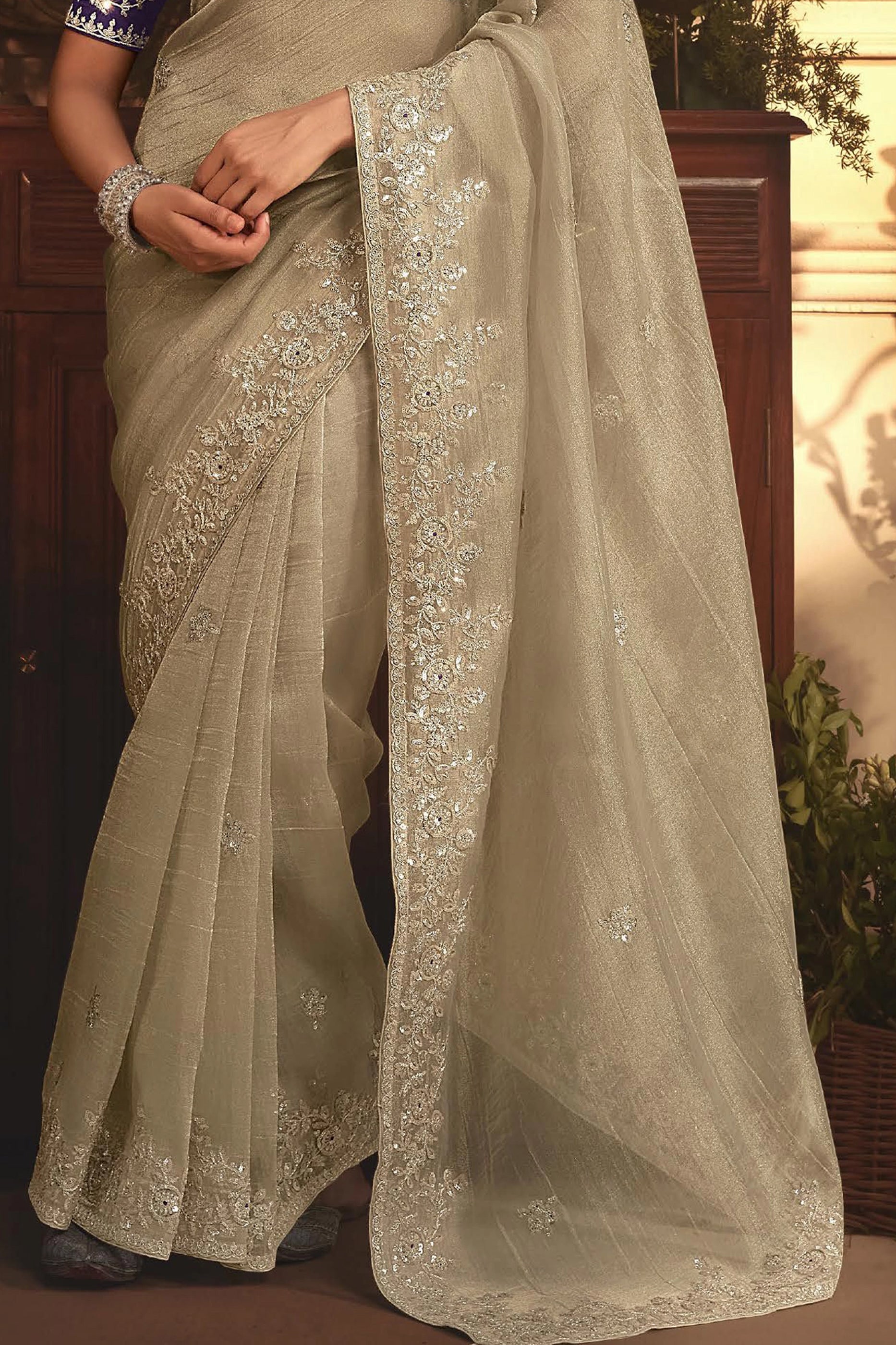 Beige Embroidered Tissue Organza Saree-SAR10240_5_SareeButa.com