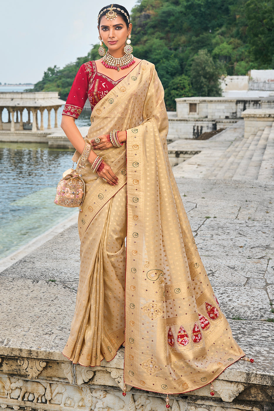 Beige Heavy Work Banarasi Saree With Readymade Blouse-ZB133466_1_SareeButa.com
