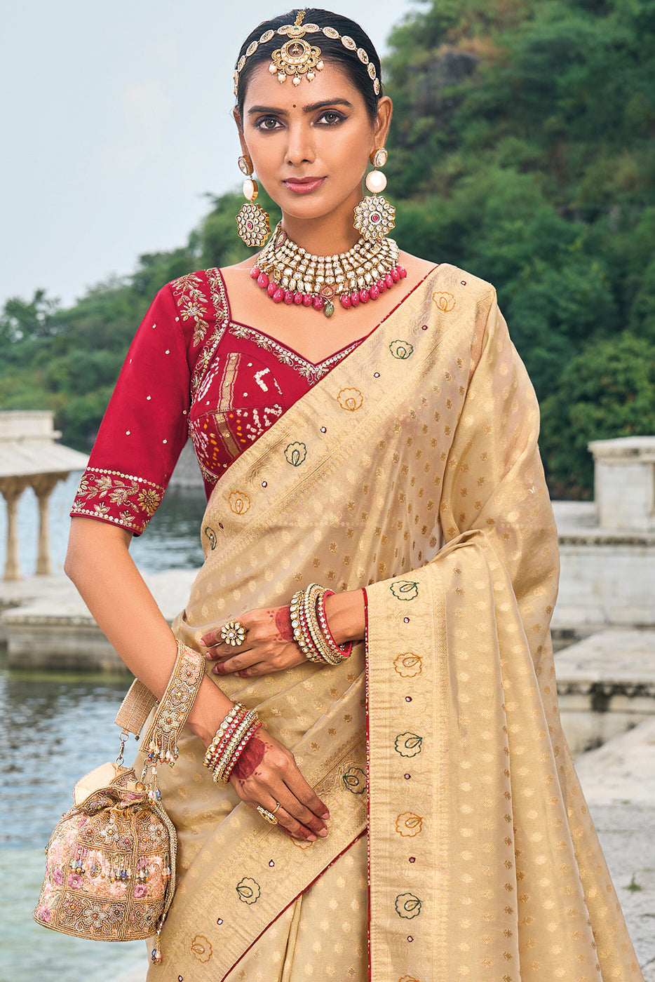 Beige Heavy Work Banarasi Saree With Readymade Blouse-ZB133466_3_SareeButa.com