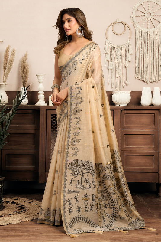 Beige Printed Modal Cotton Saree-SAR12644_1_SareeButa.com
