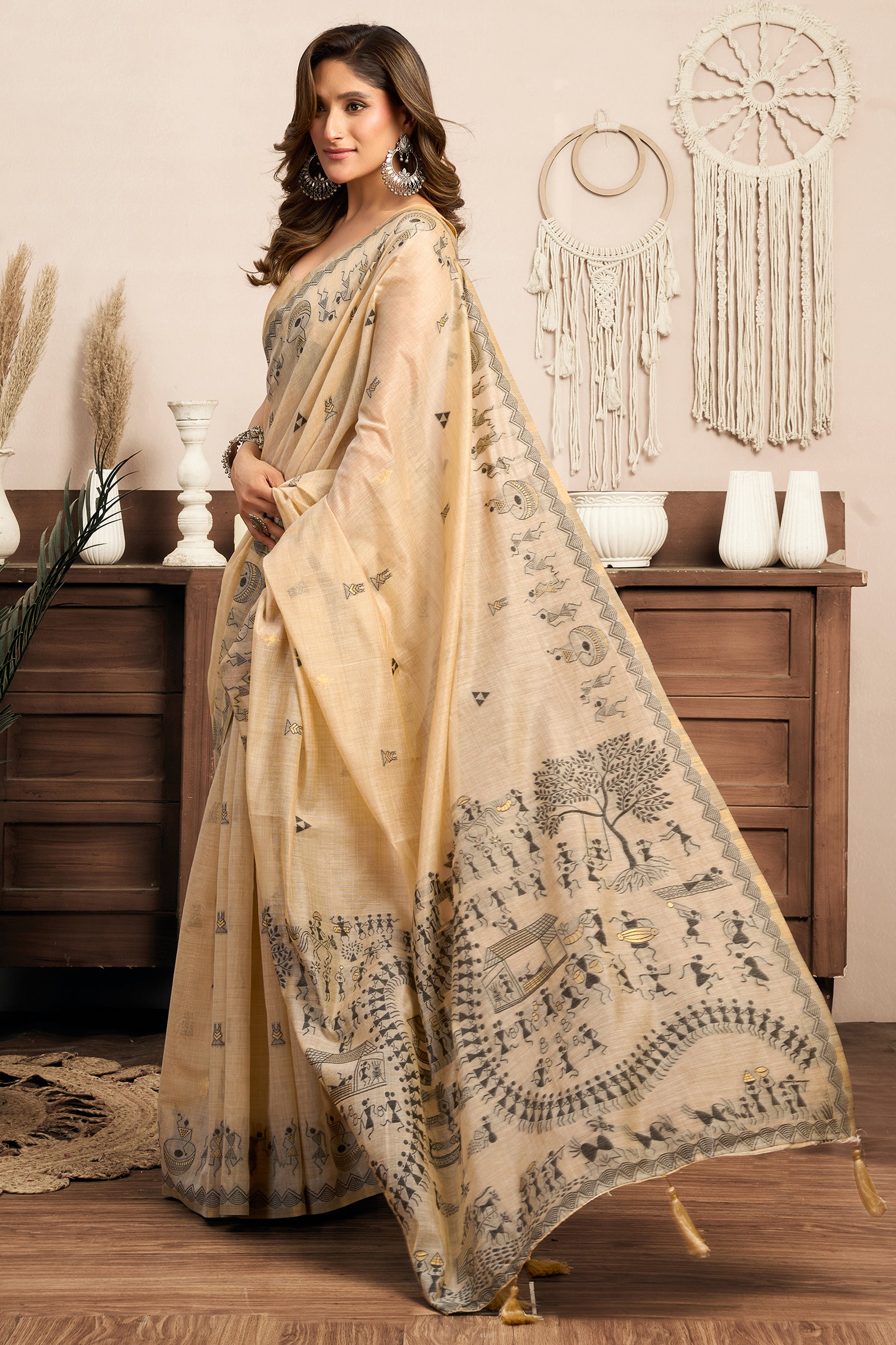 Beige Printed Modal Cotton Saree-SAR12644_3_SareeButa.com