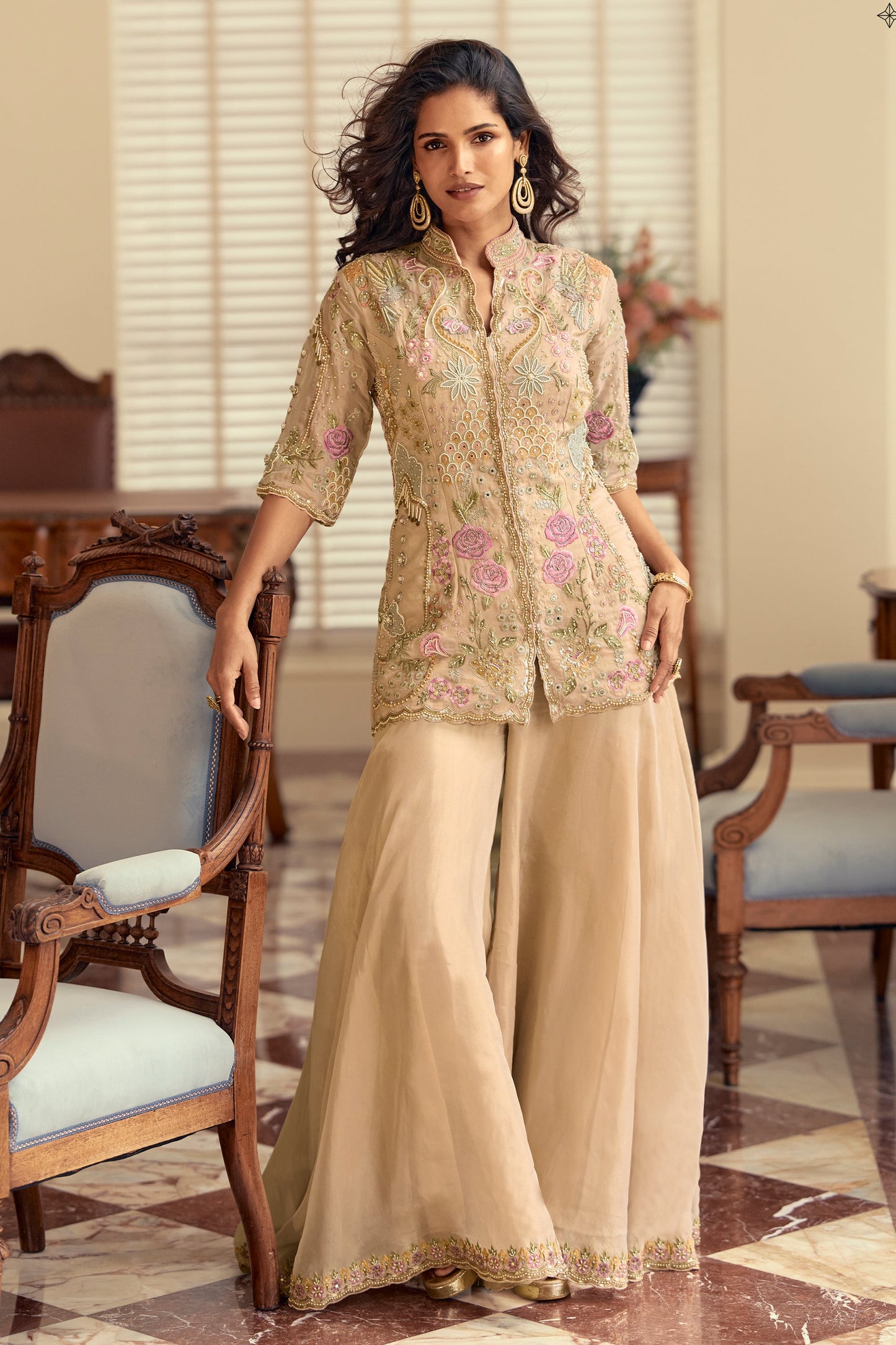 Beige Readymade Bead Work Silk Suit-SAR12052_1_SareeButa.com