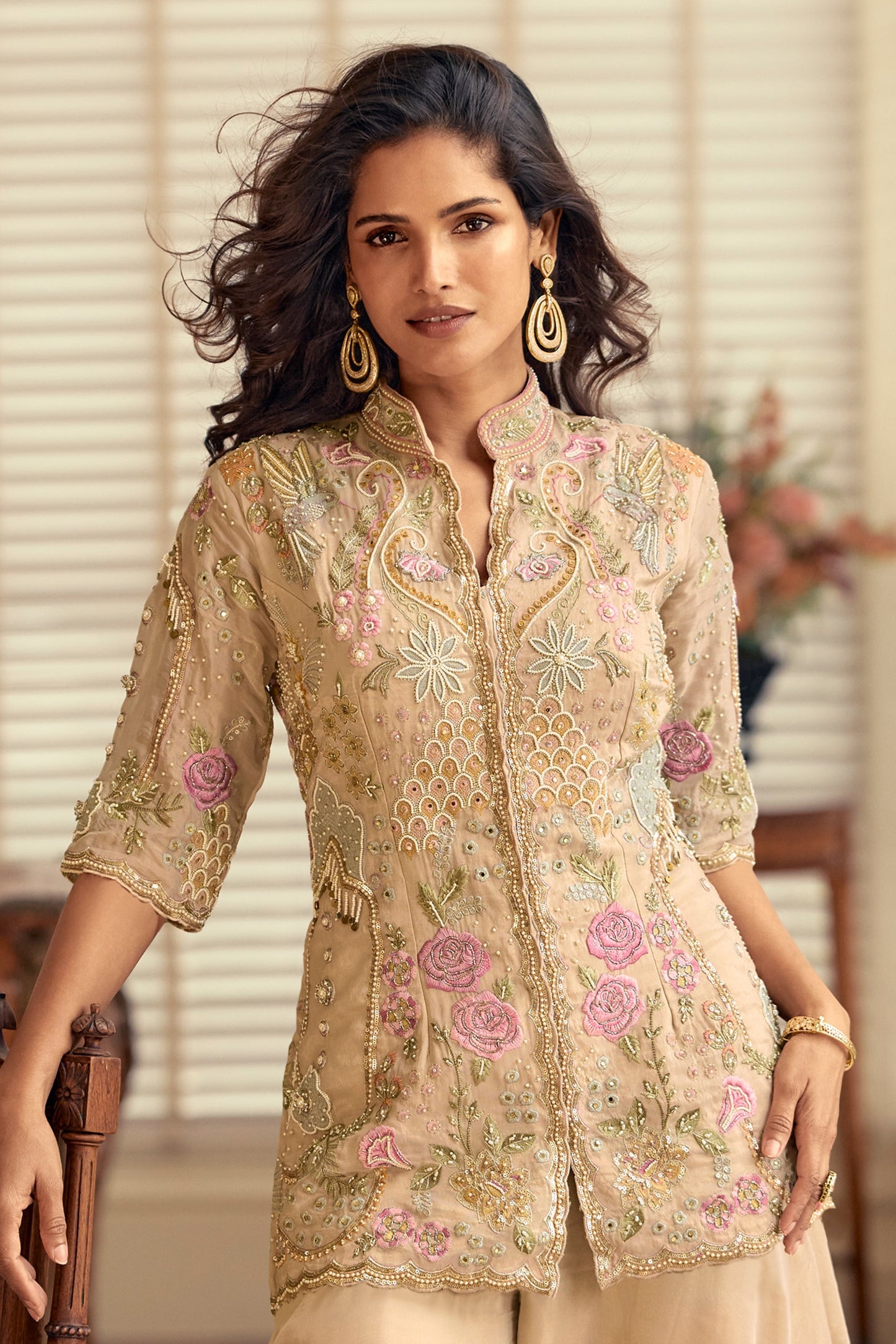 Beige Readymade Bead Work Silk Suit-SAR12052_3_SareeButa.com
