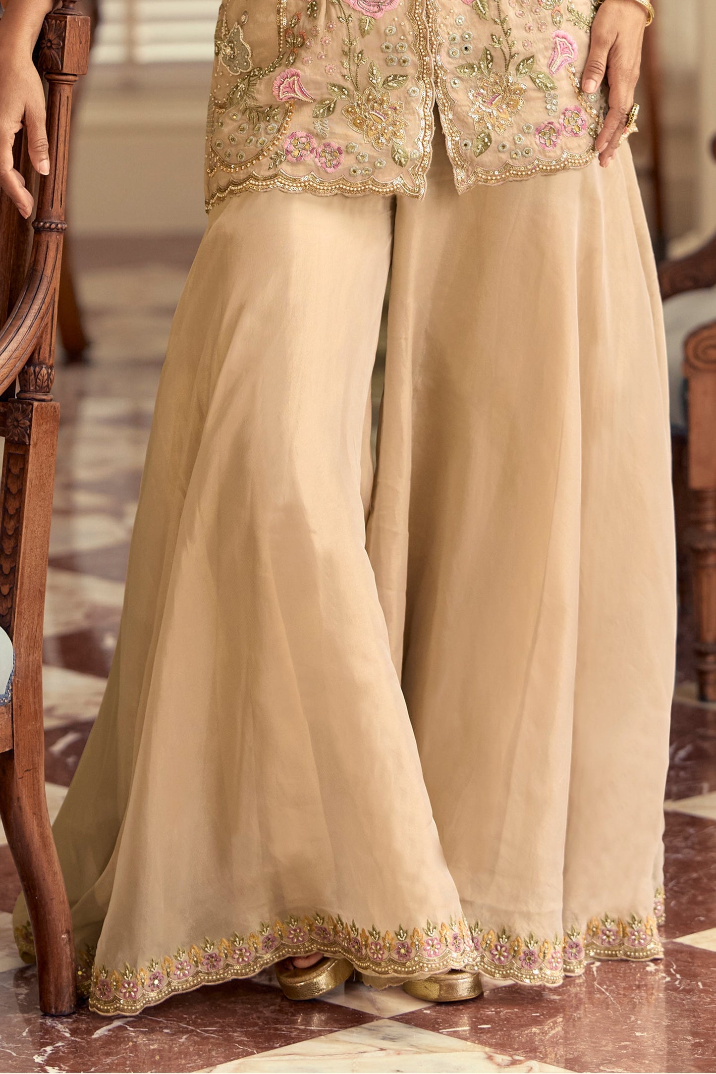 Beige Readymade Bead Work Silk Suit-SAR12052_4_SareeButa.com