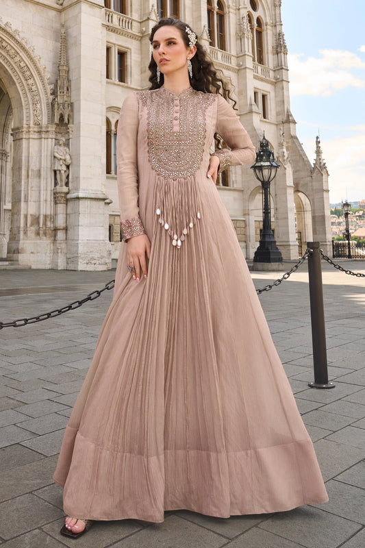 Beige Readymade Crush Silk Gown With Dupatta-SAR10956_1_SareeButa.com