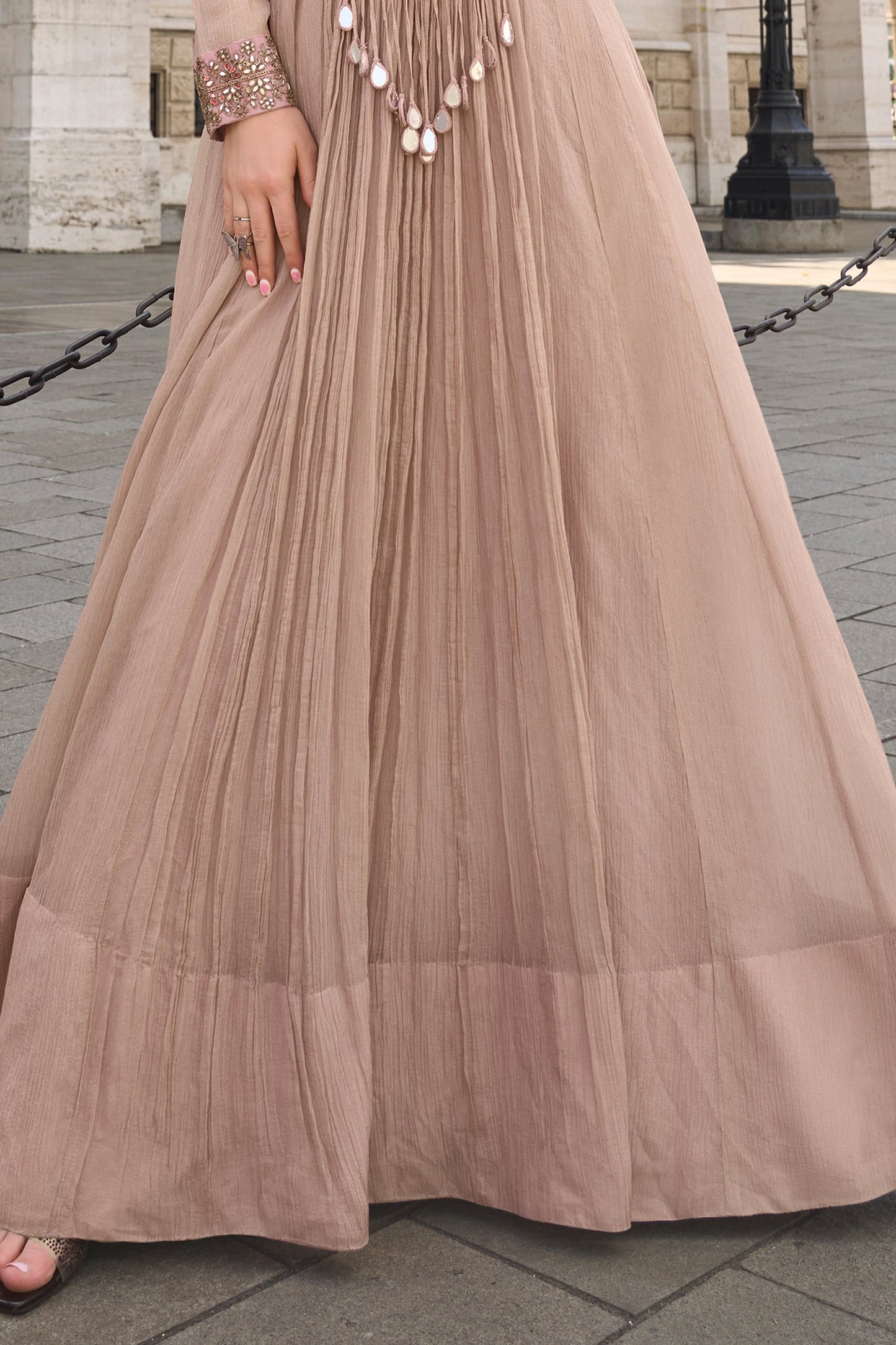 Beige Readymade Crush Silk Gown With Dupatta-SAR10956_4_SareeButa.com