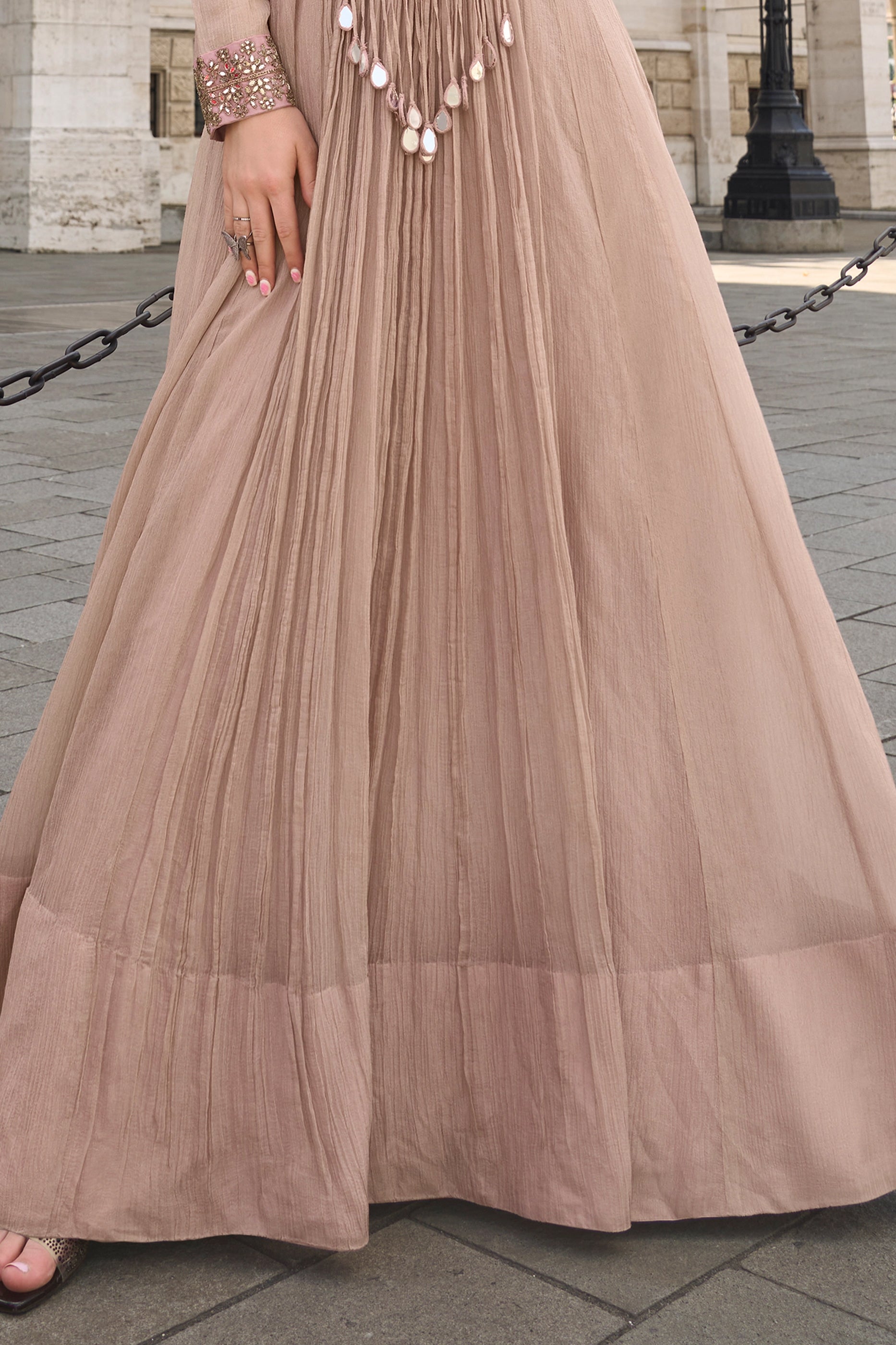 Beige Readymade Crush Silk Gown With Dupatta-SAR10956_4_SareeButa.com