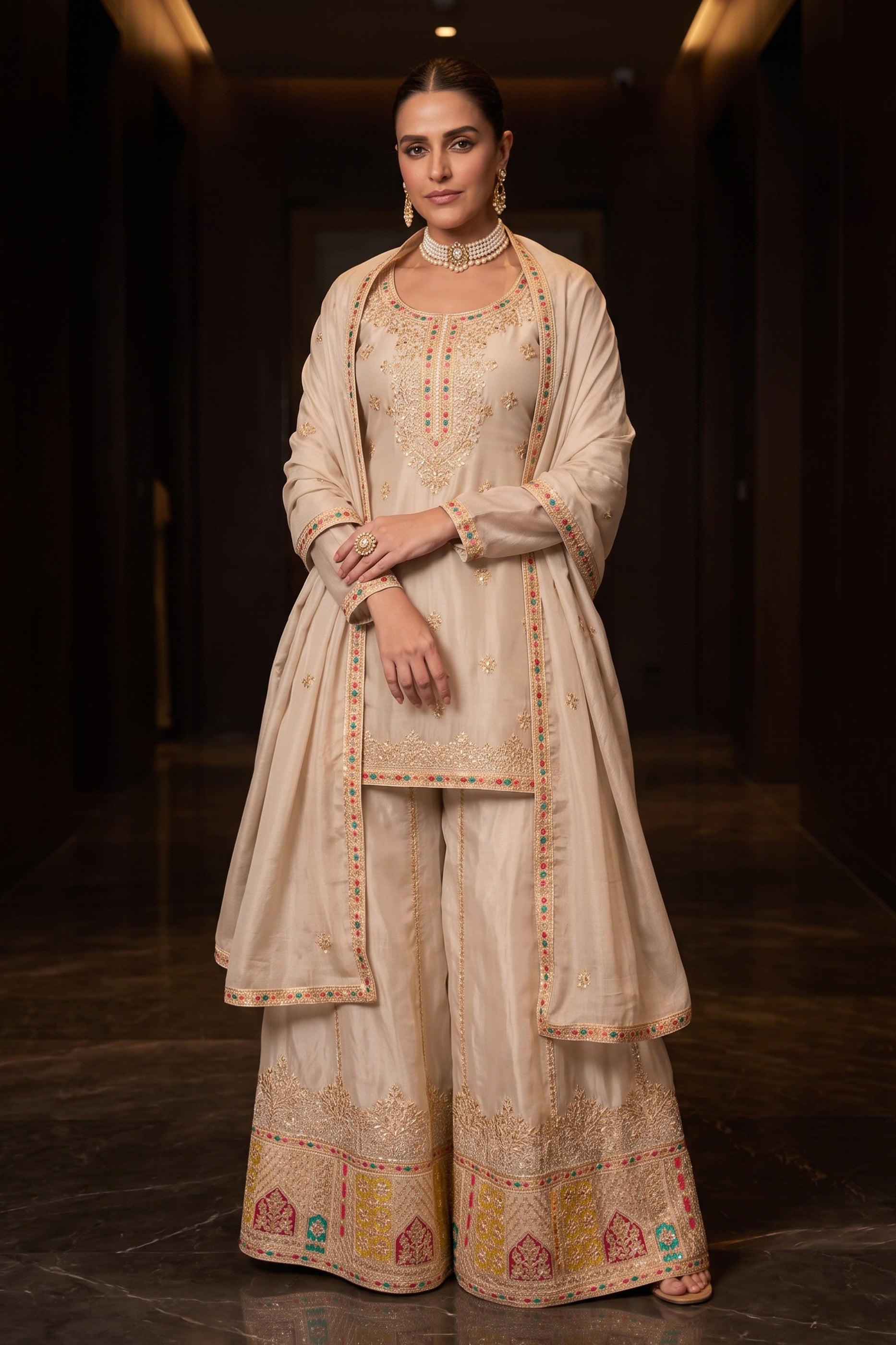 Beige Readymade Embroidered Chinon Suit-SAR12987_1_SareeButa.com