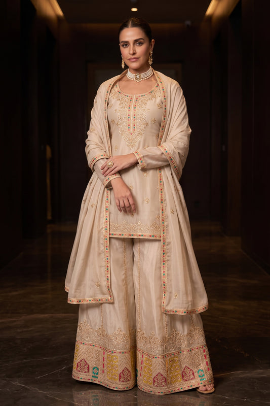 Beige Readymade Embroidered Chinon Suit-SAR12987_1_SareeButa.com