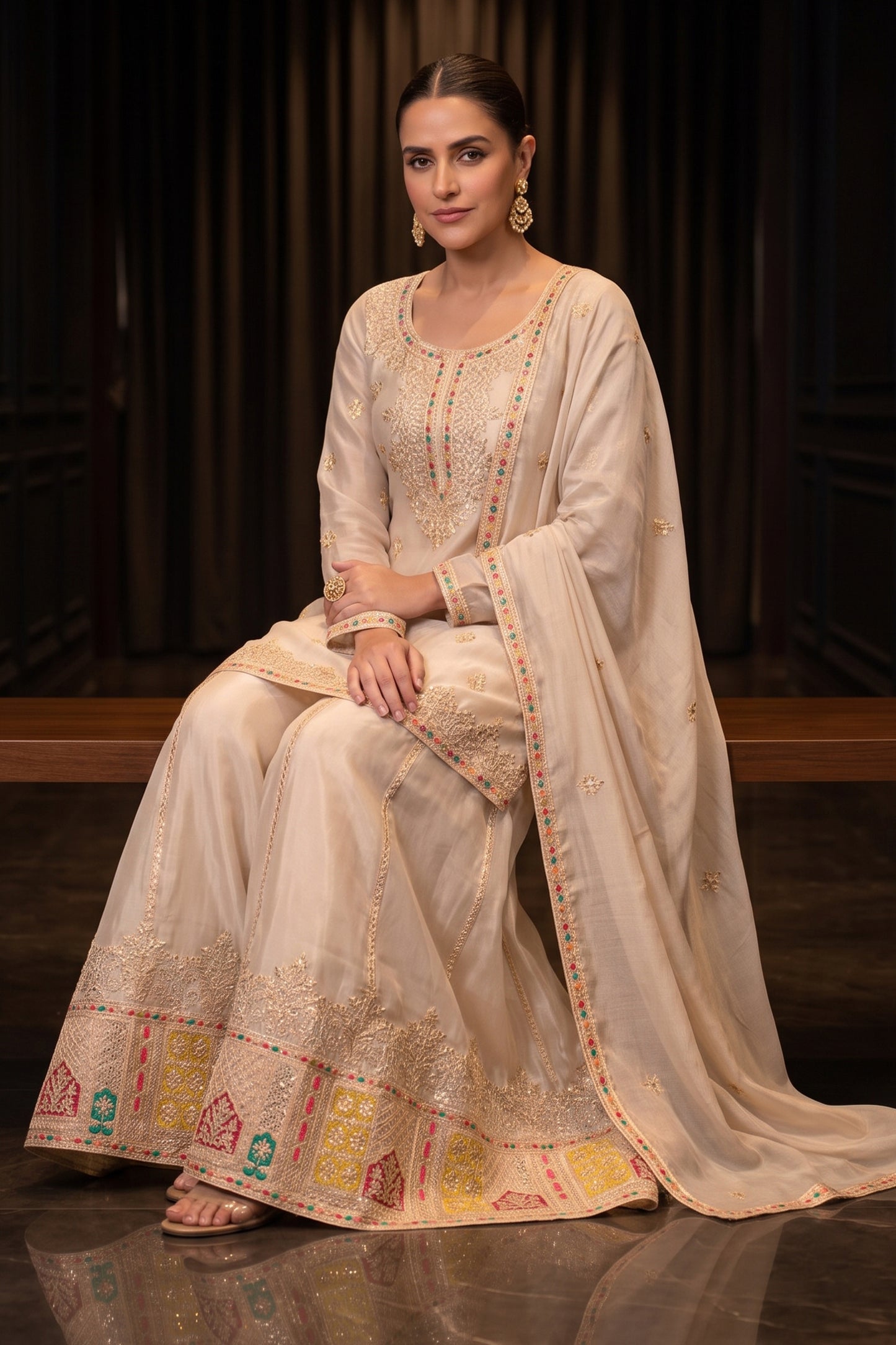 Beige Readymade Embroidered Chinon Suit-SAR12987_3_SareeButa.com