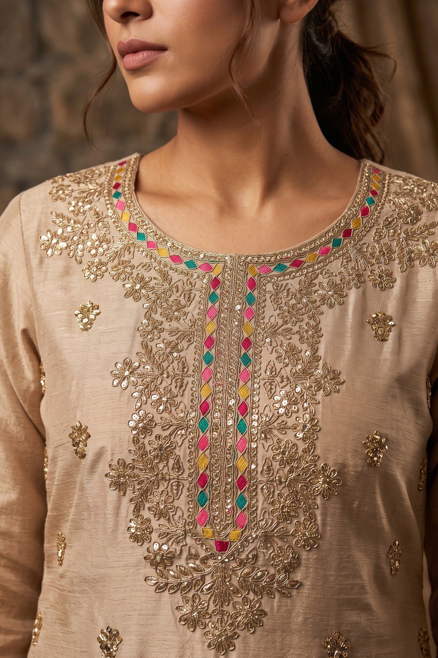 Beige Readymade Embroidered Chinon Suit-SAR12987_4_SareeButa.com