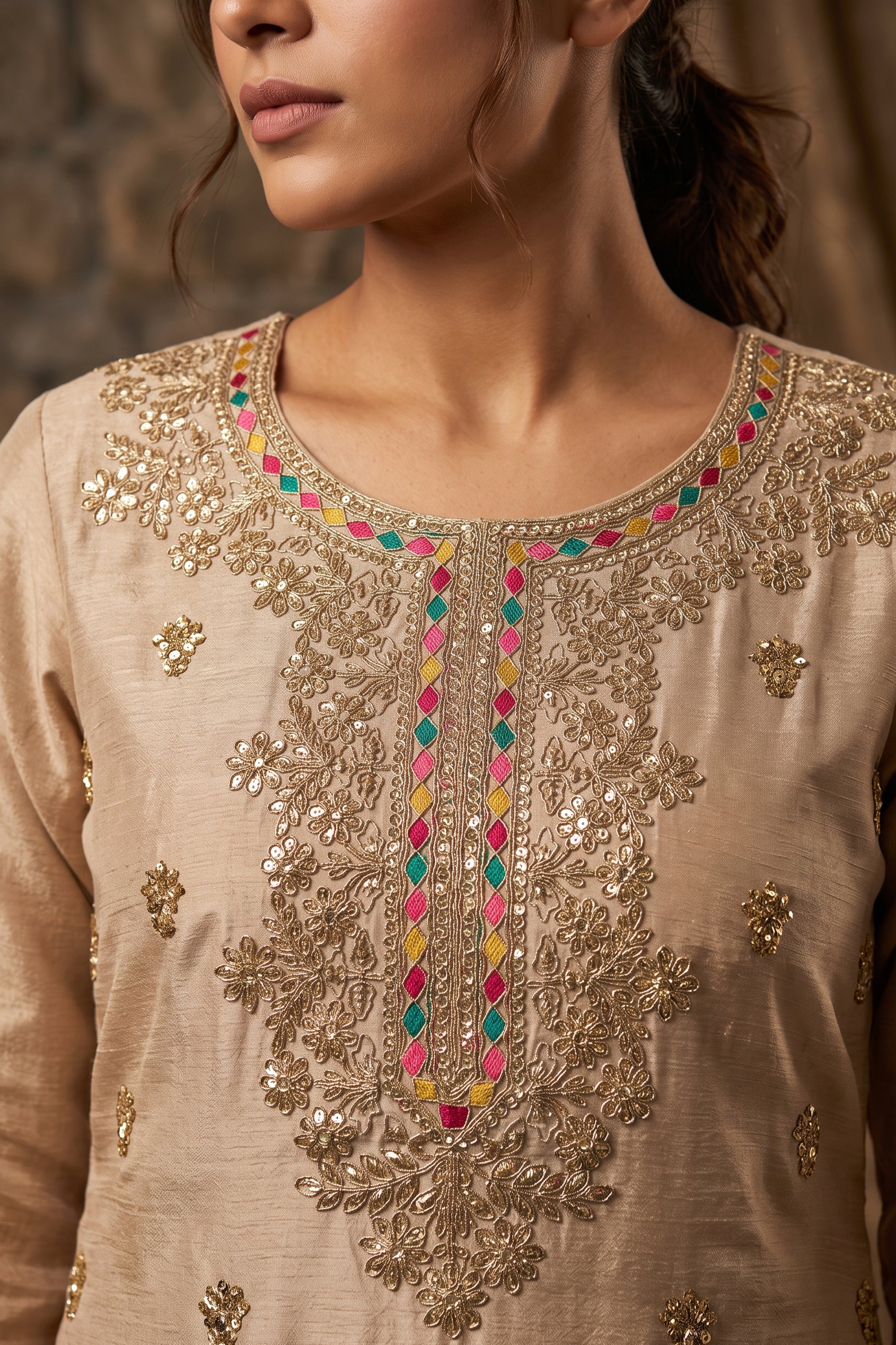 Beige Readymade Embroidered Chinon Suit-SAR12987_4_SareeButa.com
